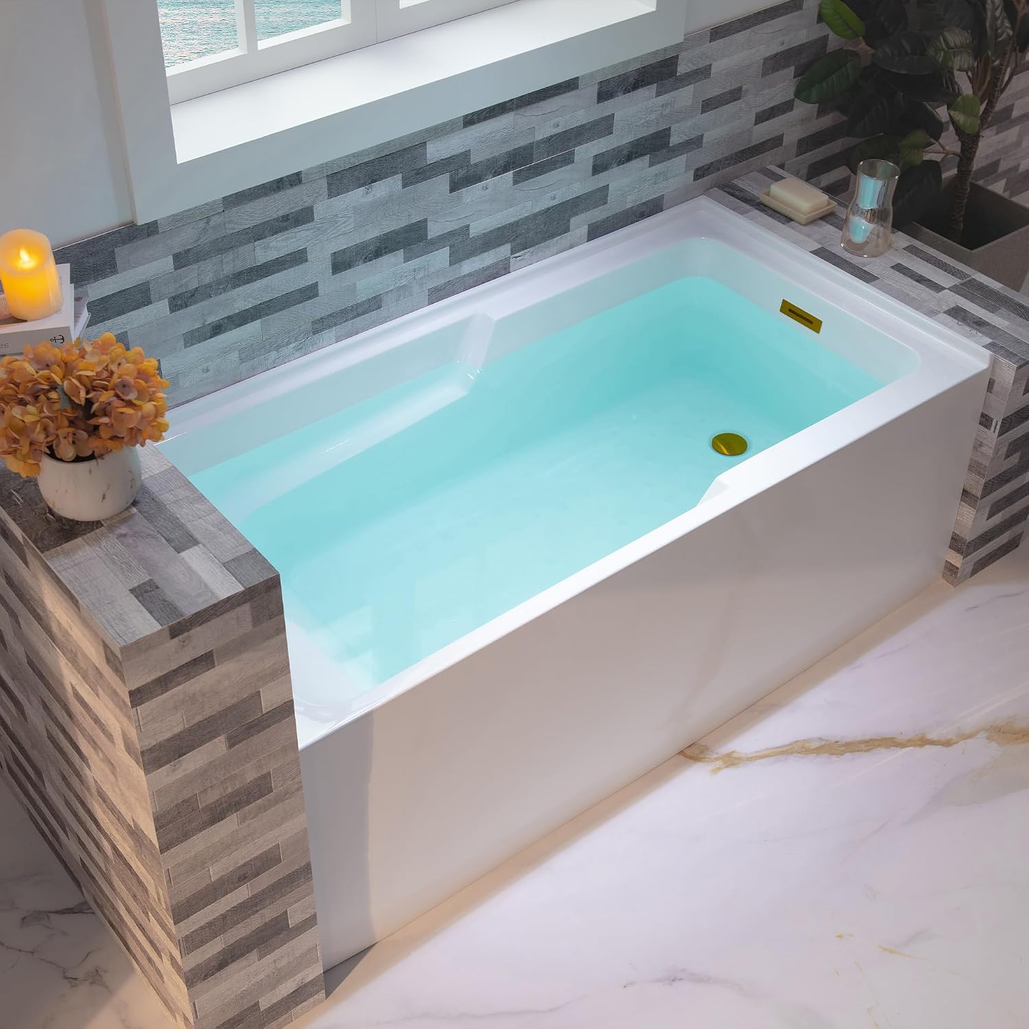 WOODBRIDGE 60' Acrylic Rectangular Alcove Soaking Bathtub in White with Right Drain, Brushed Gold Pop-Up Drain Included BA6030R