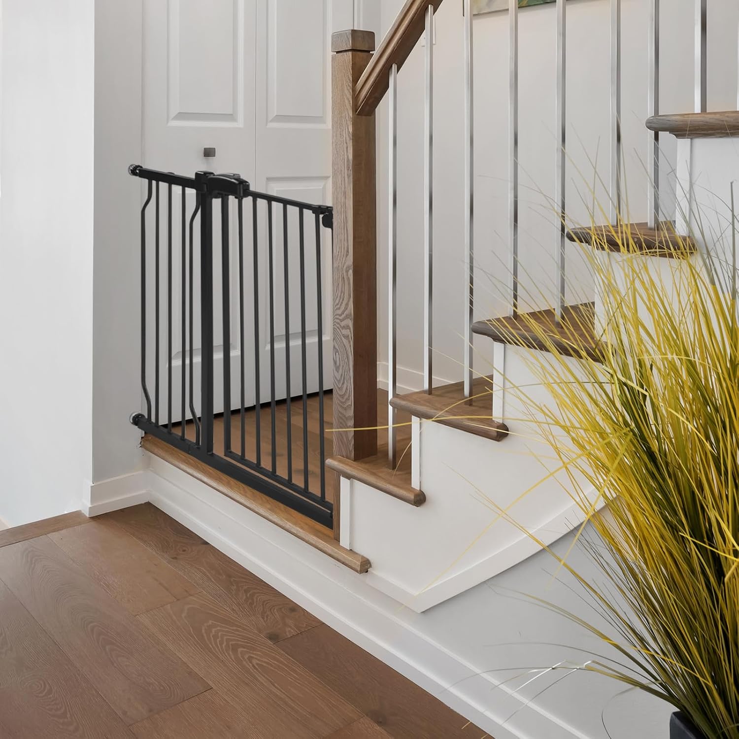 Extra Wide Baby Gate for Stairs Doorways with Door, 30' Tall 57.1-66.5' Wide Easy Install Dog Gate Indoor, Safety Metal Pressure Mounted Pet Gate with Walk-Thru Auto Close for the House, Black
