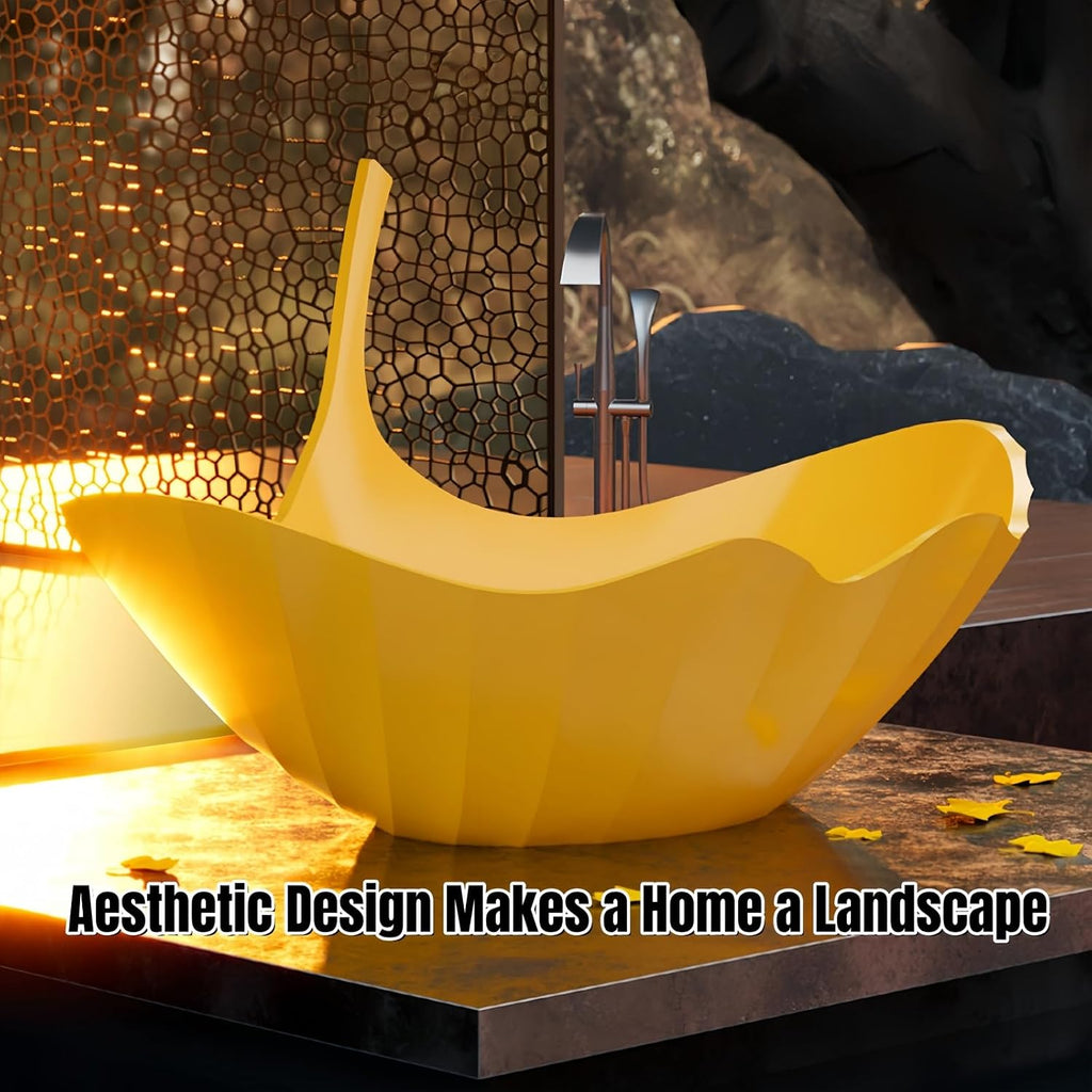 67' Luxury Freestanding Bathtub - Ginkgo-Leaf Soaking Tub with Deep Immersion, Heat-Retaining Resin Construction, Seamless Design, and Artistic Solid Surface Bathtub Craftsmanship Yellow