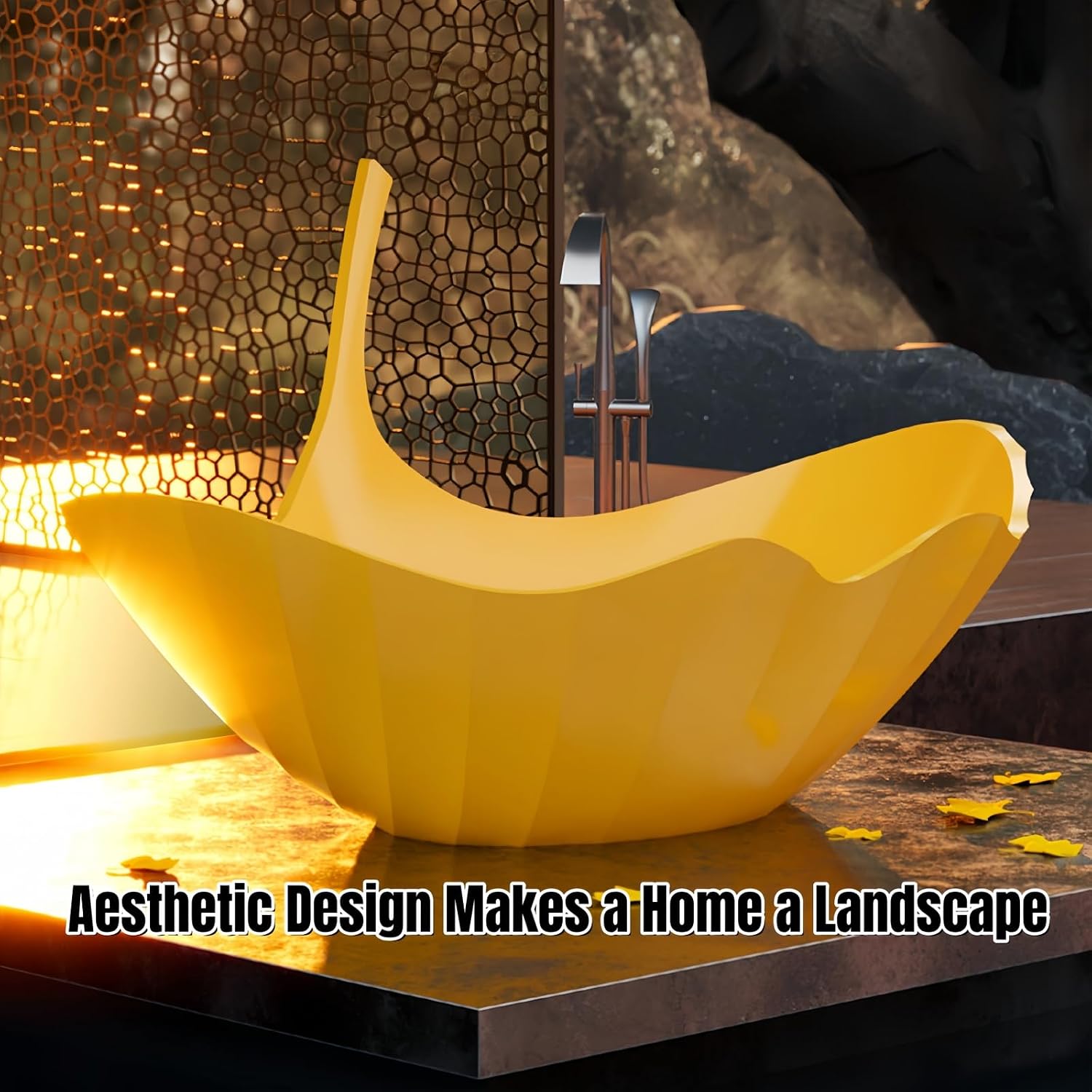 67' Luxury Freestanding Bathtub - Ginkgo-Leaf Soaking Tub with Deep Immersion, Heat-Retaining Resin Construction, Seamless Design, and Artistic Solid Surface Bathtub Craftsmanship Yellow