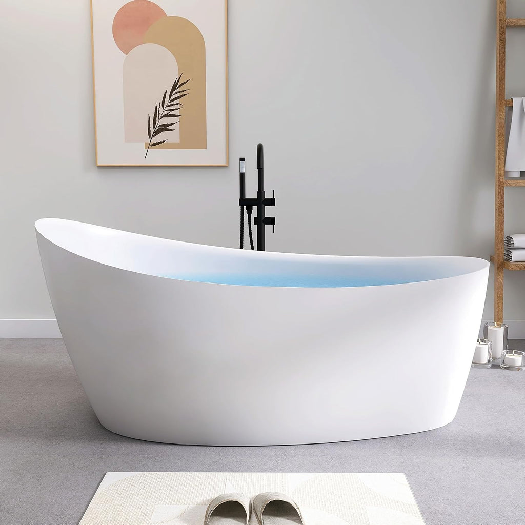 SJ STAR&JANE 65' Solid Surface Freestanding Bathtub, Matte White Oval Soaking Stone Resin Tub with Overflow and Pop-up Drain for Modern Bathrooms