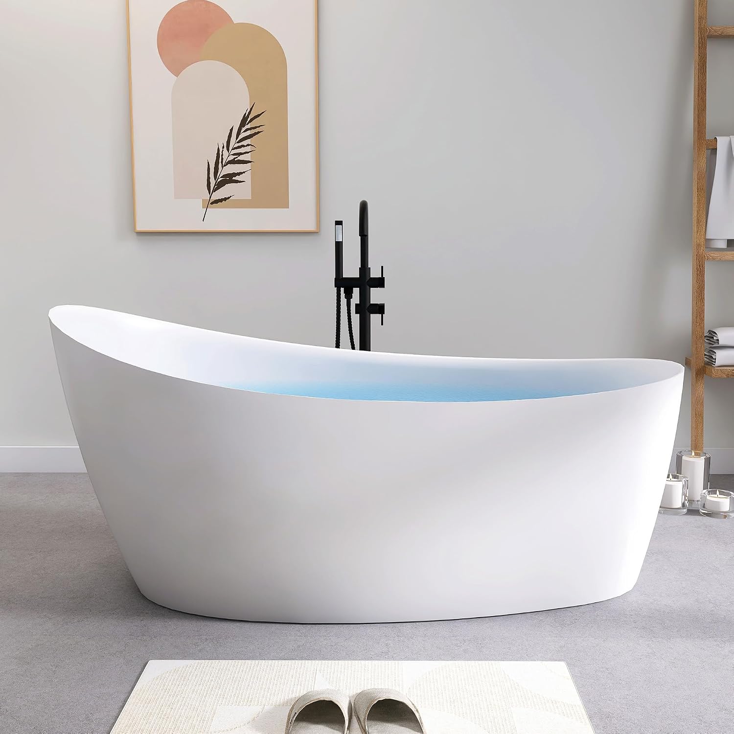 SJ STAR&JANE 65' Solid Surface Freestanding Bathtub, Matte White Oval Soaking Stone Resin Tub with Overflow and Pop-up Drain for Modern Bathrooms