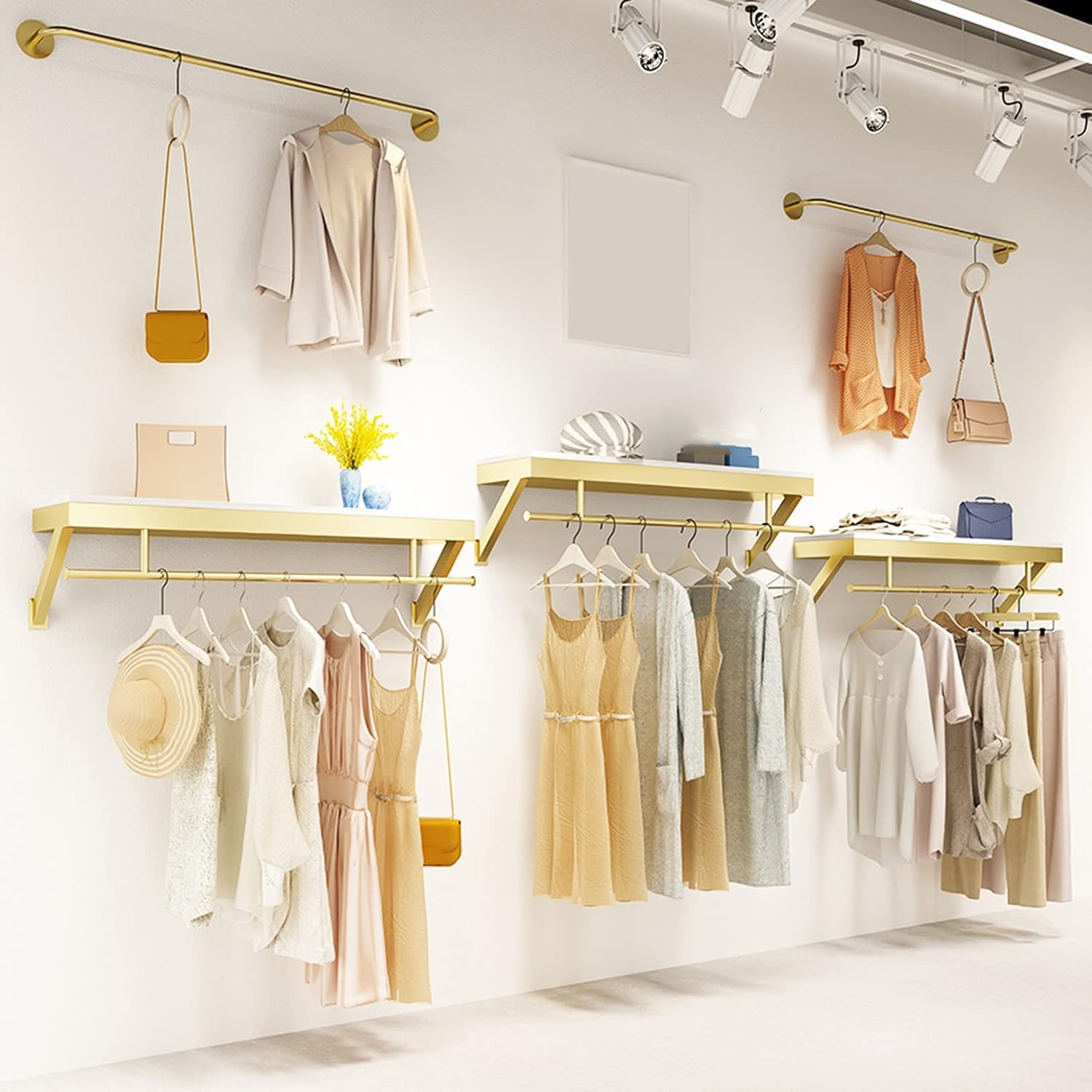 5pcs Clothing Garment Rack Wall Mounted with Wood Shelf,Clothing Store Floating Shelf,Retail Display Clothes Racks Heavy Duty Organizer Hanger Metal Sturdy (C-300cm