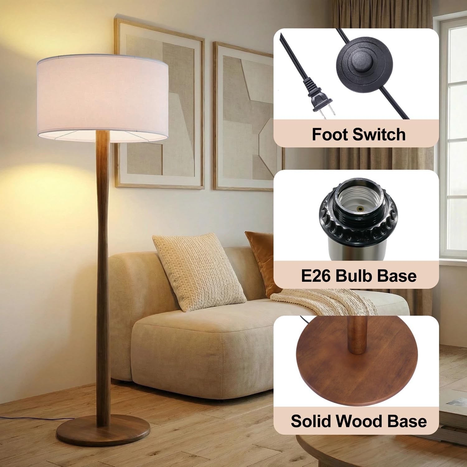 62' Tall Rustic Wood Floor Lamp for Living Room, Farmhouse Walnut Wood Floor Lamps with Linen Shade for Reading, UL Listed Stand Lamps with Woods Base for Bedroom, Corner, Office, White Shade