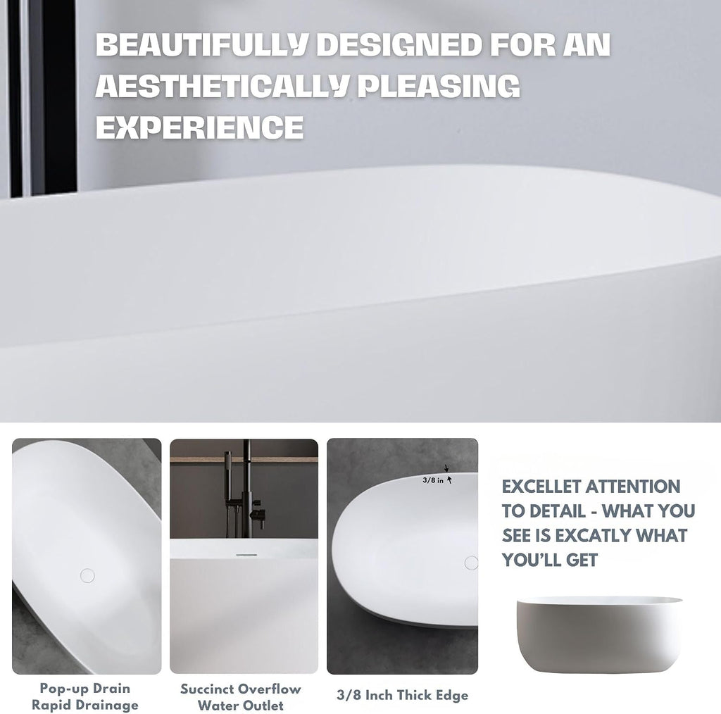 H2O Rectangular 59 in. x 30.7 in. Solid Surface Stone Resin Freestanding Bathtub, 13 in. Soaking Depth, Ergonomic Backrest, Matte White, Center Drain with Overflow, Durable, Easy to Clean