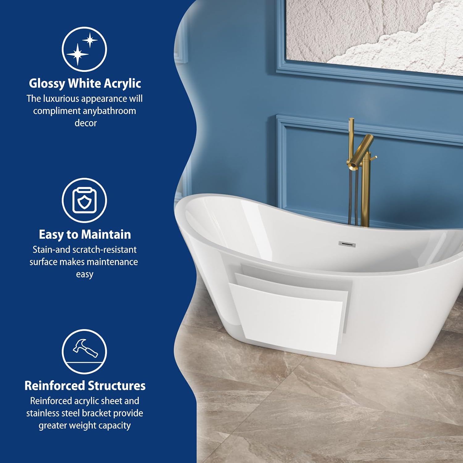 Sarlai 67 Inch Acrylic Freestanding Soaking Bathtub Contemporary Soaking White Tub Stand Alone Ergonomic Bathtub with Chrome Drain and Overflow