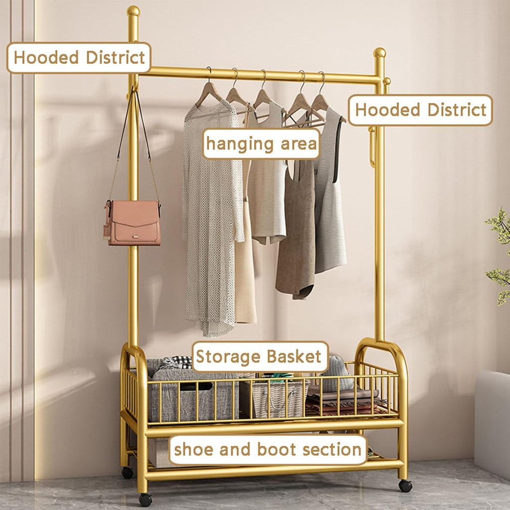 Rolling Garment Rack, Portable Closet Wardrobe with Storage Basket and 4 Hooks Clothing Rack Freestanding Closet Metal Clothing Rack for Bedroom Living Room Office Mudroom