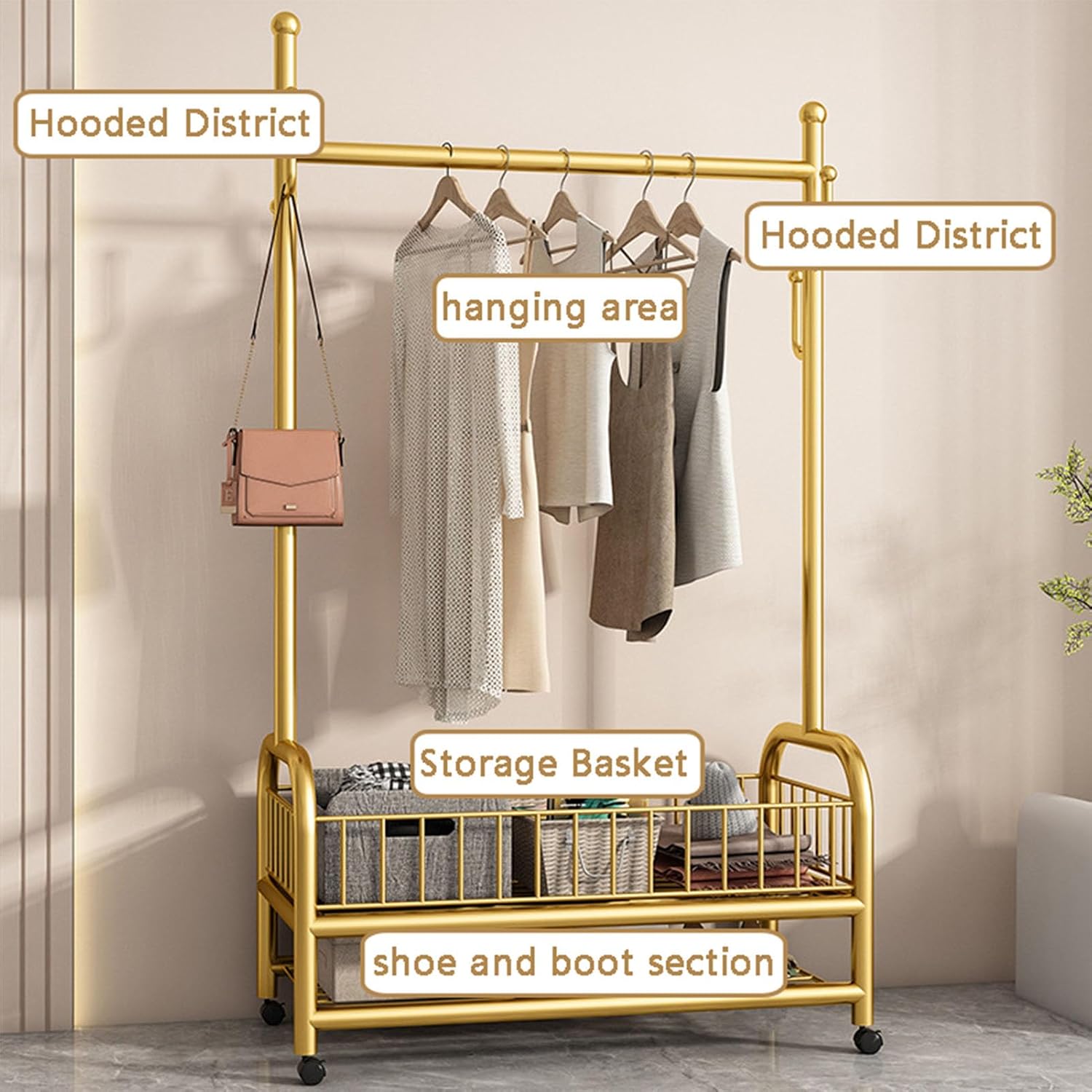 Rolling Garment Rack, Portable Closet Wardrobe with Storage Basket and 4 Hooks Clothing Rack Freestanding Closet Metal Clothing Rack for Bedroom Living Room Office Mudroom