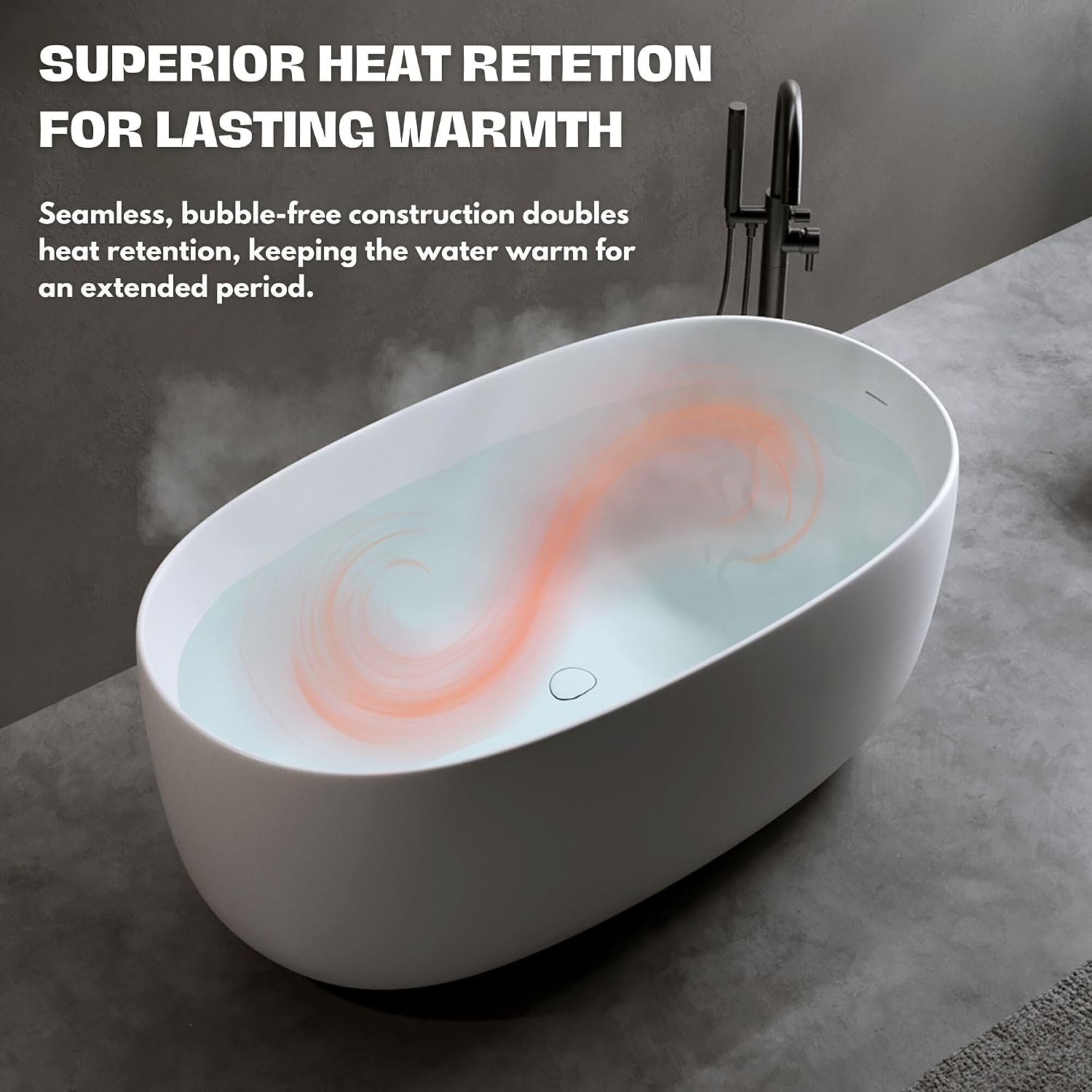 H2O Rectangular 59 in. x 30.7 in. Solid Surface Stone Resin Freestanding Bathtub, 13 in. Soaking Depth, Ergonomic Backrest, Matte White, Center Drain with Overflow, Durable, Easy to Clean