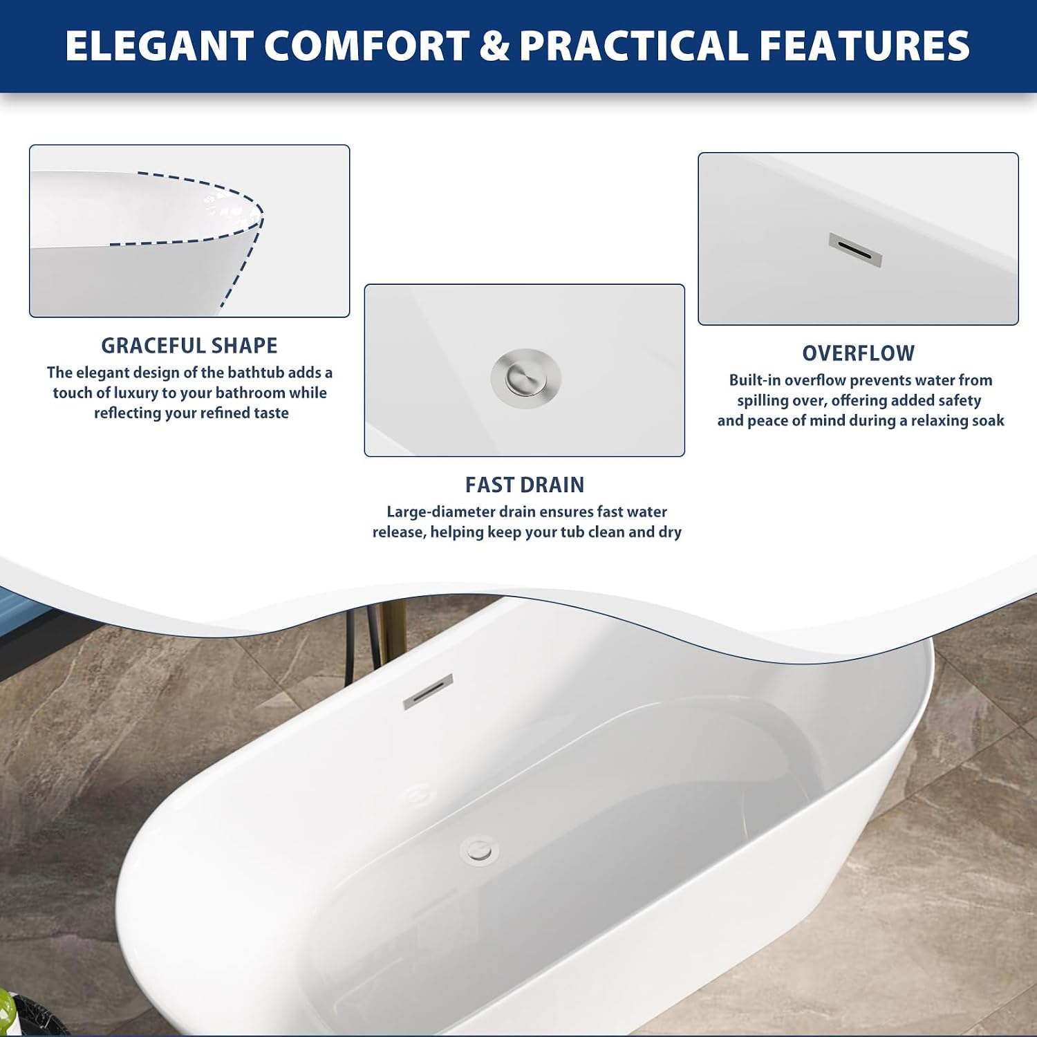 Sarlai 67 Inch Acrylic Freestanding Soaking Bathtub Contemporary Soaking White Tub Stand Alone Ergonomic Bathtub with Chrome Drain and Overflow
