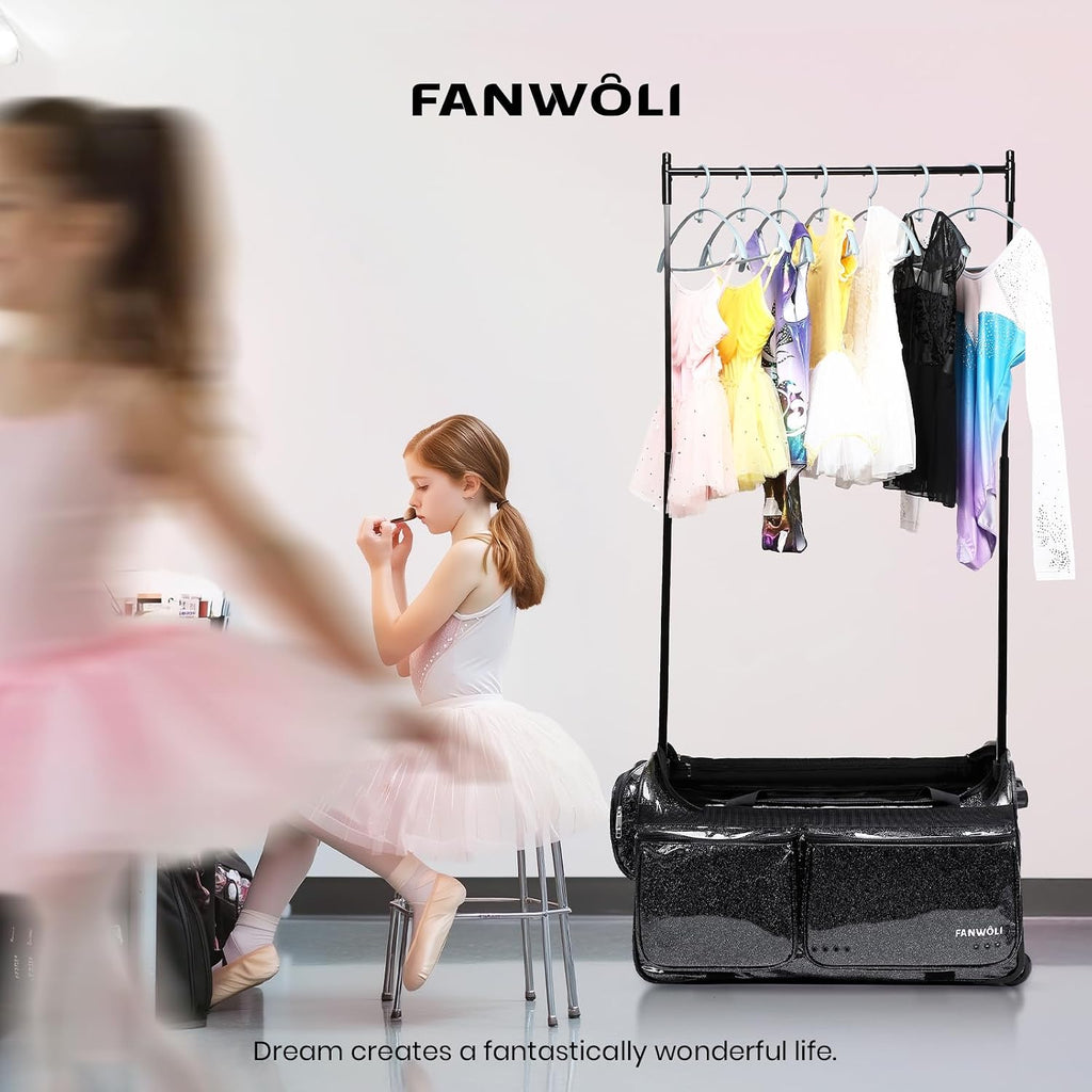Fanwoli 23' Dance Bag with Garment Rack | Glittering Waterproof Fabric & Upgraded Stable System | Shine-Bright Collection | Ideal Competition Duffle Bag for Dancer Athlete Livestreamer | Sparkle Black