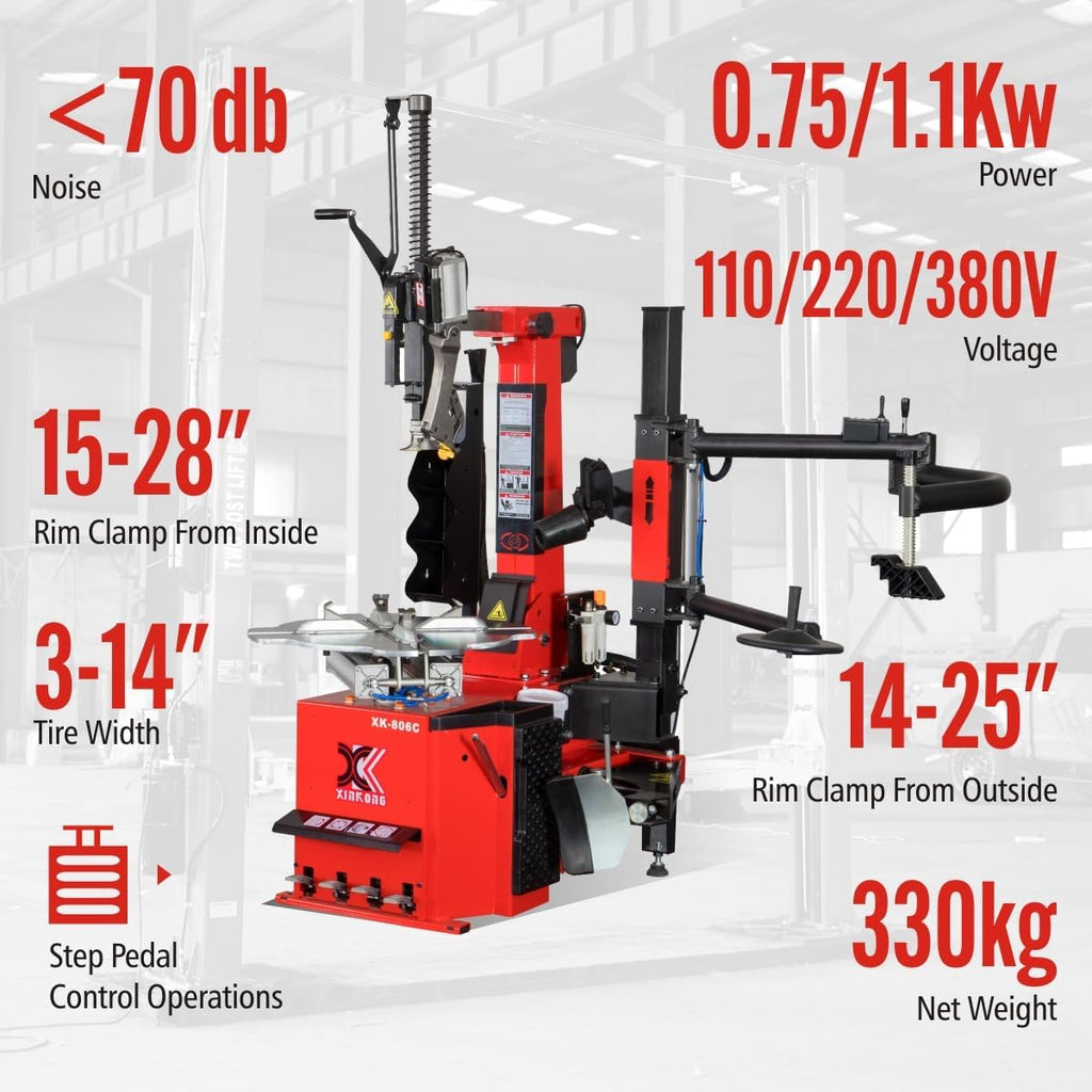 XK-806C Tire Changer Machine Tilt Back Column Automatic Working Head 2.0 Horsepower Rim Clamp 12-28 Inches with 12 Month Parts Replacement