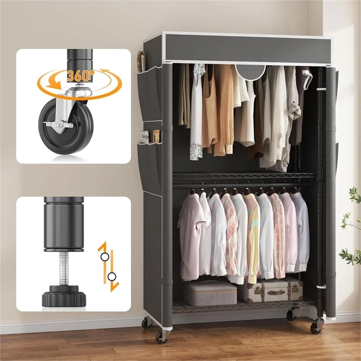 Portable Closet Rolling Garment Rack with Cover, Heavy Duty Clothing Rack for Hanging Clothes, Portable Closet Wardrobe with Adjustable Shelves(Gray)
