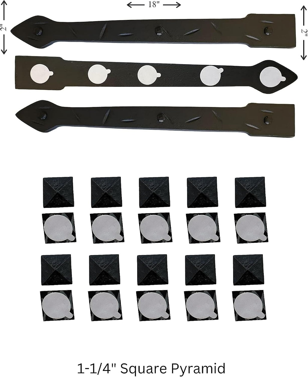 The Rustic Express - Square Pyramid, Self-Adhesive Clavo & Strap Kit - Decorative Clavos for Fiberglass, Wood, Metal Doors & Garage Doors - 3 Straps (18'), 20 Clavos (1-1/4') - Black