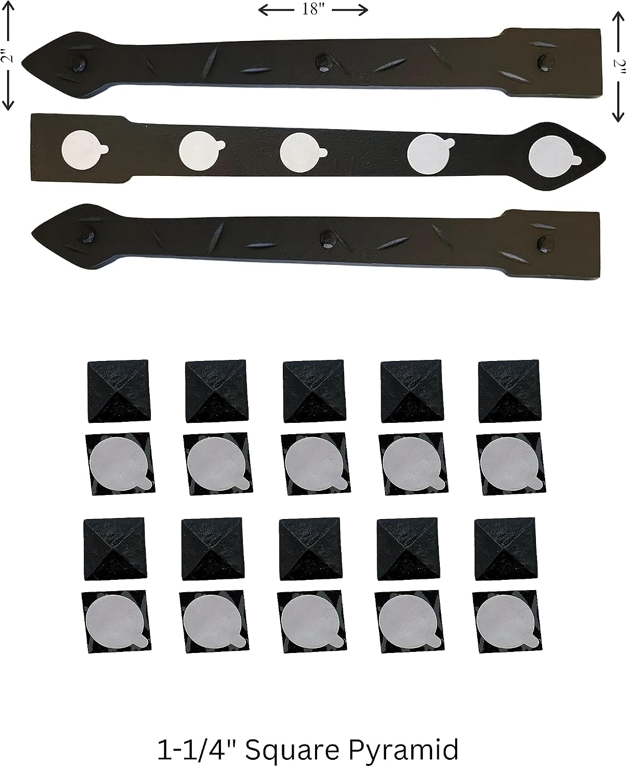 The Rustic Express - Square Pyramid, Self-Adhesive Clavo & Strap Kit - Decorative Clavos for Fiberglass, Wood, Metal Doors & Garage Doors - 3 Straps (18'), 20 Clavos (1-1/4') - Black
