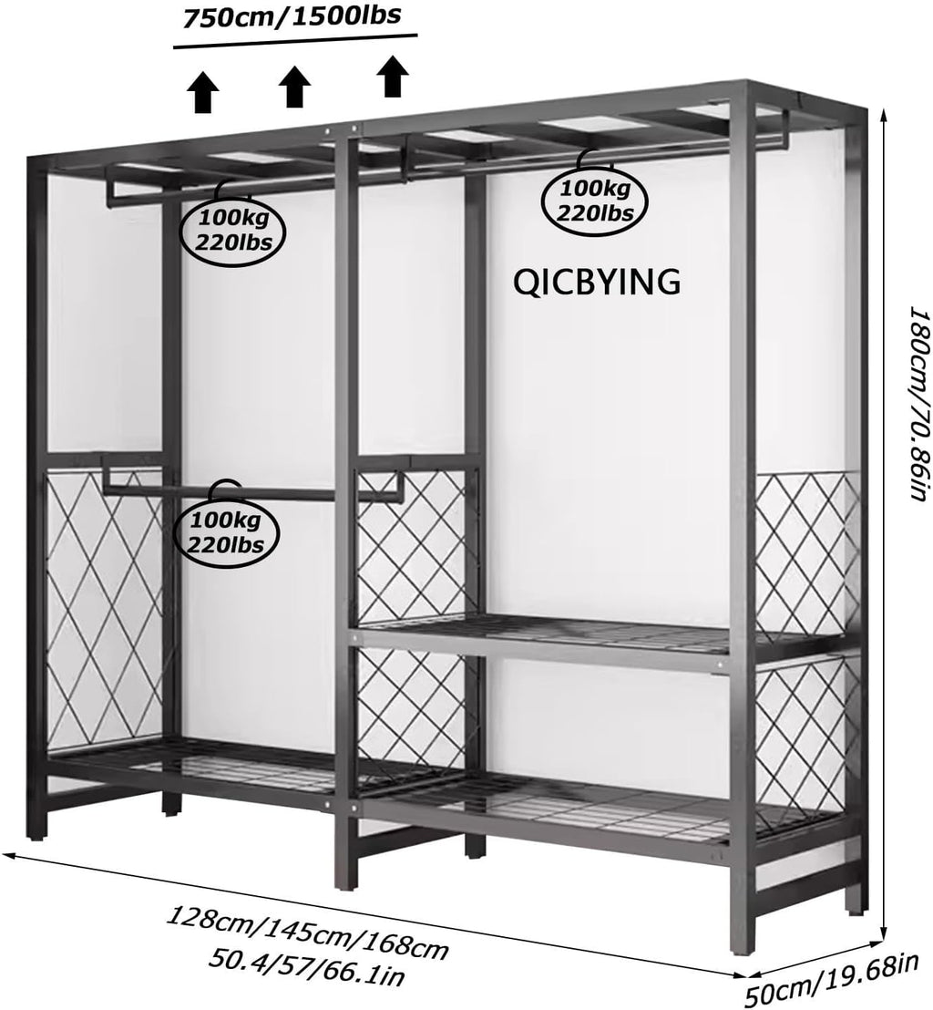 Foldable Portable Closet Wardrobe Rack - Portable Closet with Cover, Foldable Wardrobe Garment Rack with 3/4 Hanging Rods and 1 Storage Shelves, Load 1500lbs (Color : B, Size : L145cm)