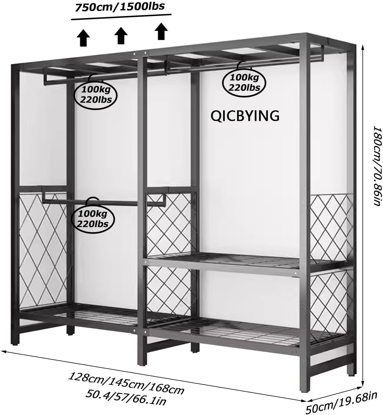Foldable Portable Closet Wardrobe Rack - Portable Closet with Cover, Foldable Wardrobe Garment Rack with 3/4 Hanging Rods and 1 Storage Shelves, Load 1500lbs (Color : B, Size : L128cm)