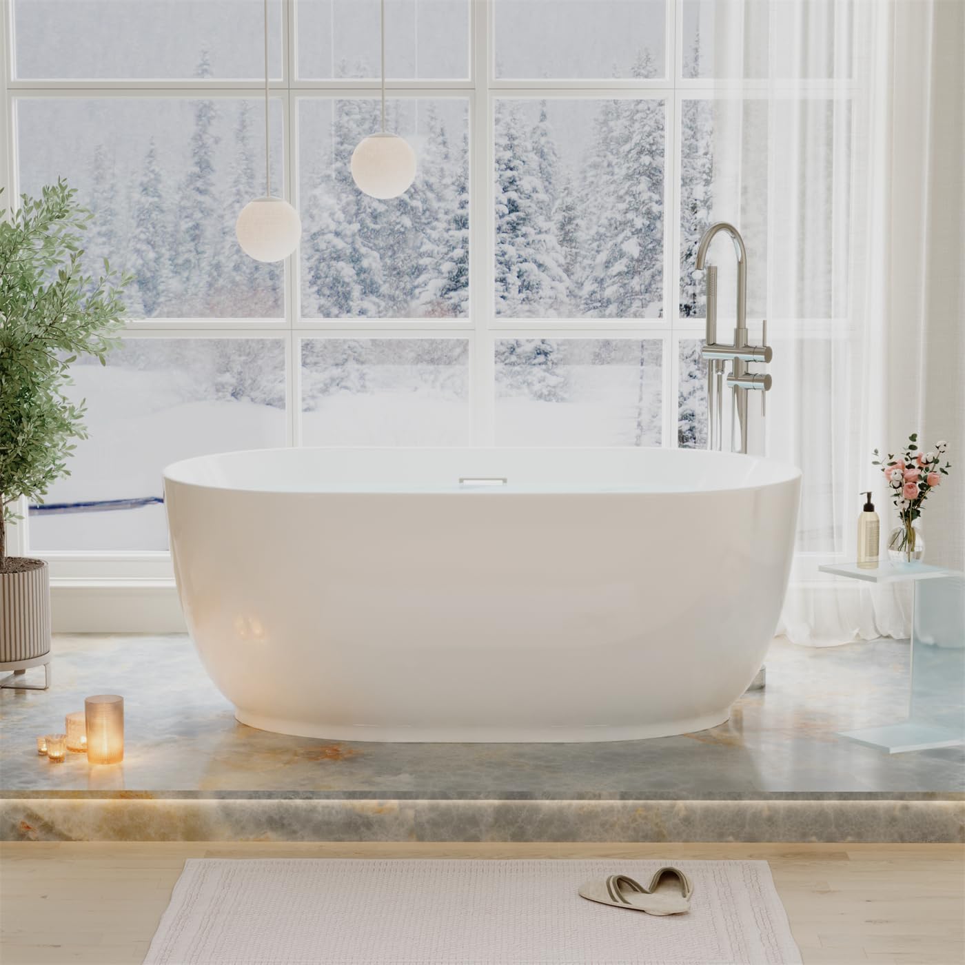 WELLFOR 59 Inch Acylic Freestanding Bathtub, 68 Gallons Capacity Soacking Bathtub with Chrome Bathtub Drain and Groove Overflow, Freestanding Soaking Tub for 1 Person, Glossy White