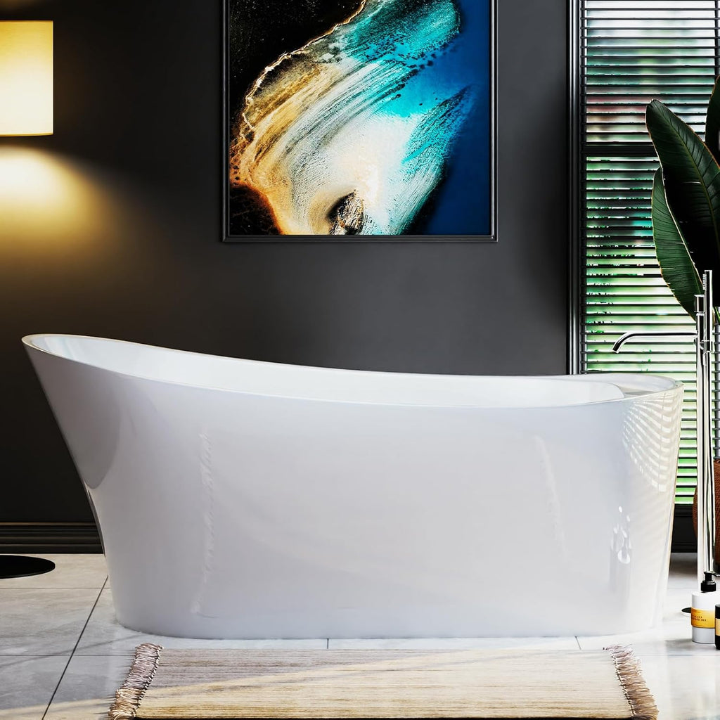 Empava Freestanding Bathtub, 67' Soaking Tub with End Drain & Overflow – Acrylic Tub, Non-Slip Flat Bottom, Glossy White, cUPC Certified
