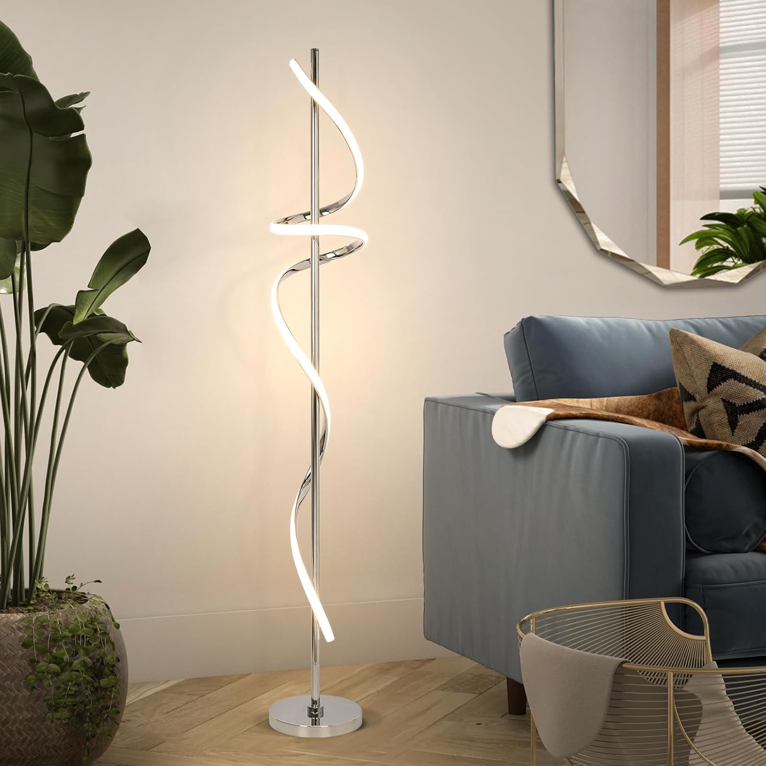 Modern Floor Lamp with Remote Control, Dimmable LED Floor Lamp for Living Room, 48W Spiral Floor Light with 3 Color Temperatures, Chrome Standing Tall Lamp for Bedroom Dining Rooms Home Offices