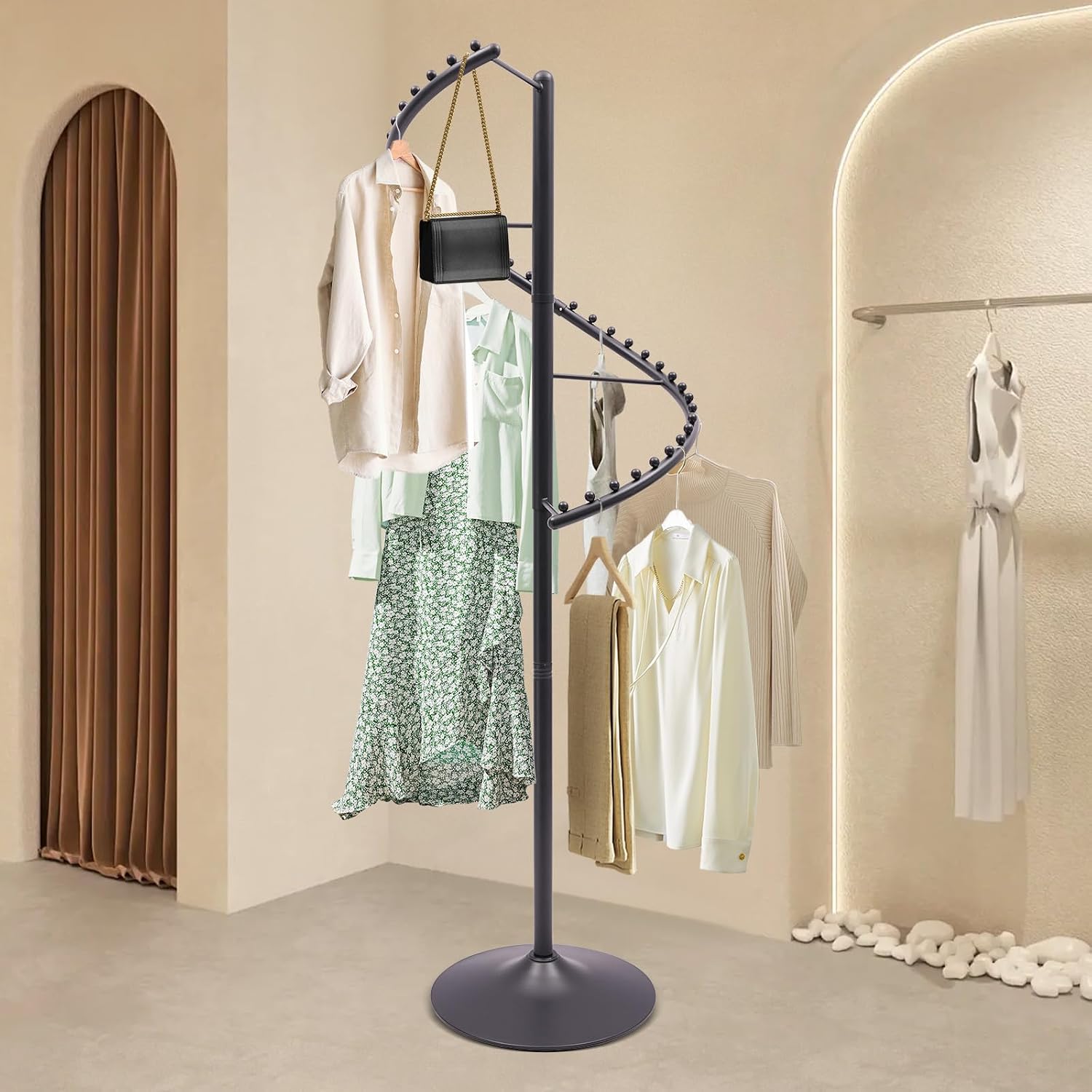 JOMCYDM Spiral Rotating Clothing Rack Heavy Duty Garment Rack Standing Scarf Holder 360 ° Metal Clothes Display Rack for Bedroom Living Room Retail Stores