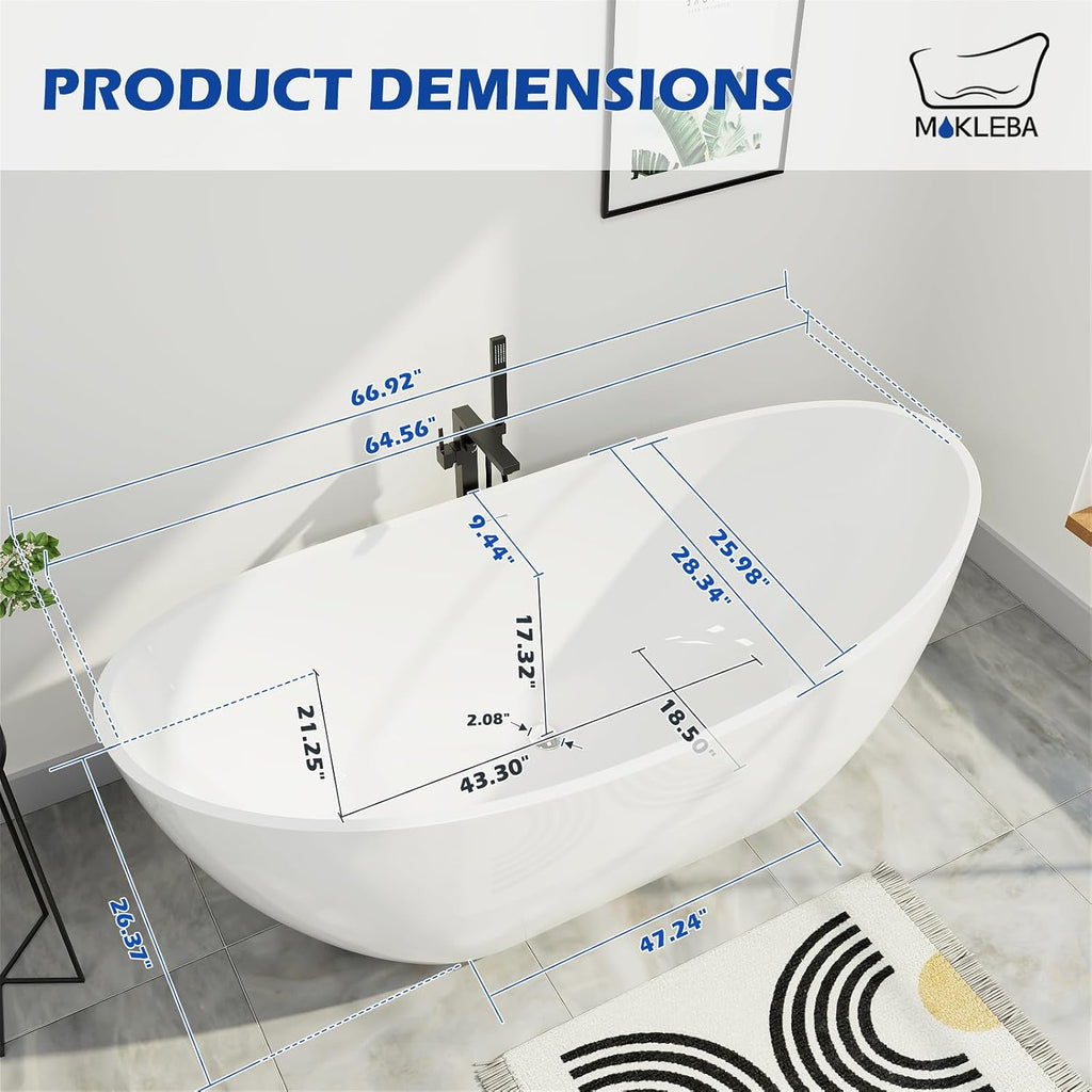 67' Lucite Acrylic Freestanding Bathtub, Double Slipper Shape Contemporary Soaking Tub with Toe-tap Chrome Drain, Slotted Overflow, cUPC Certified, Glossy White