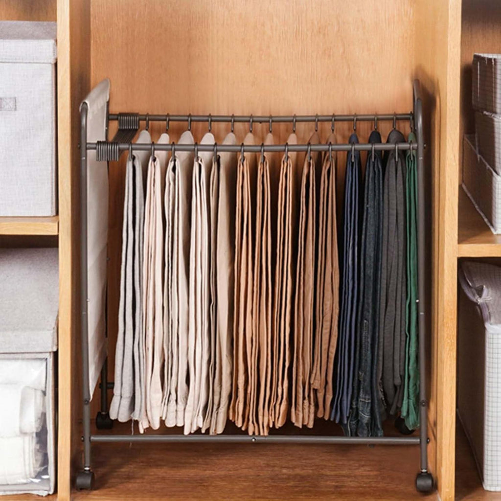 Display Stand Pants Hangers Rolling Trolley Trousers Rack, Floor Standing Jeans Hangers Metal Scarves Rack Clothing Closet Organizer Shelf Blanket Rack (L70*W33*H70CM with Side Pockets