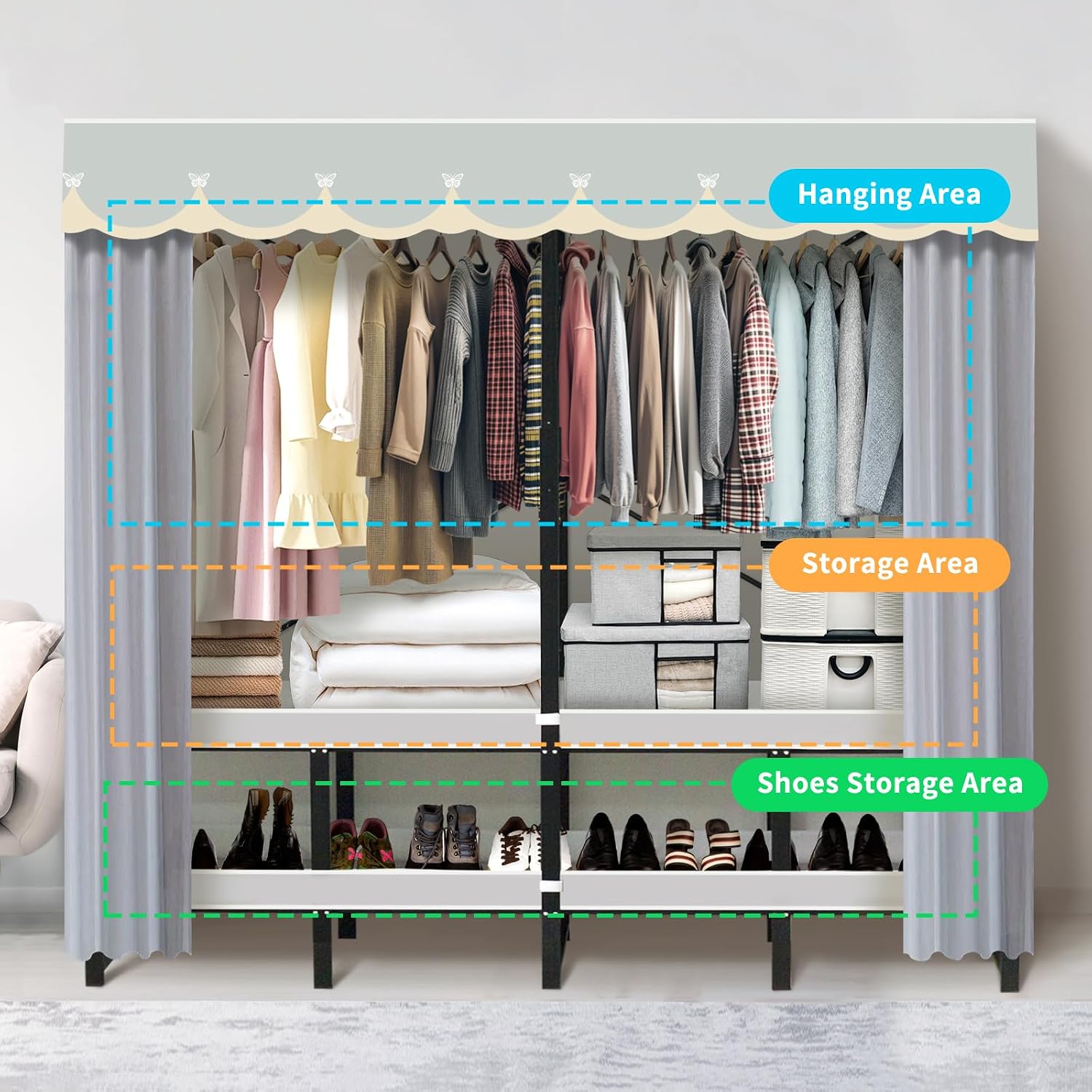 Portable Closet Rack Heavy-Duty Foldable Garment Racks with Cover 1200lbs Enclosed Wardrobe Closet with Independent Area for Hanging Clothes Storaging of Bedding (66in*20in*67in)
