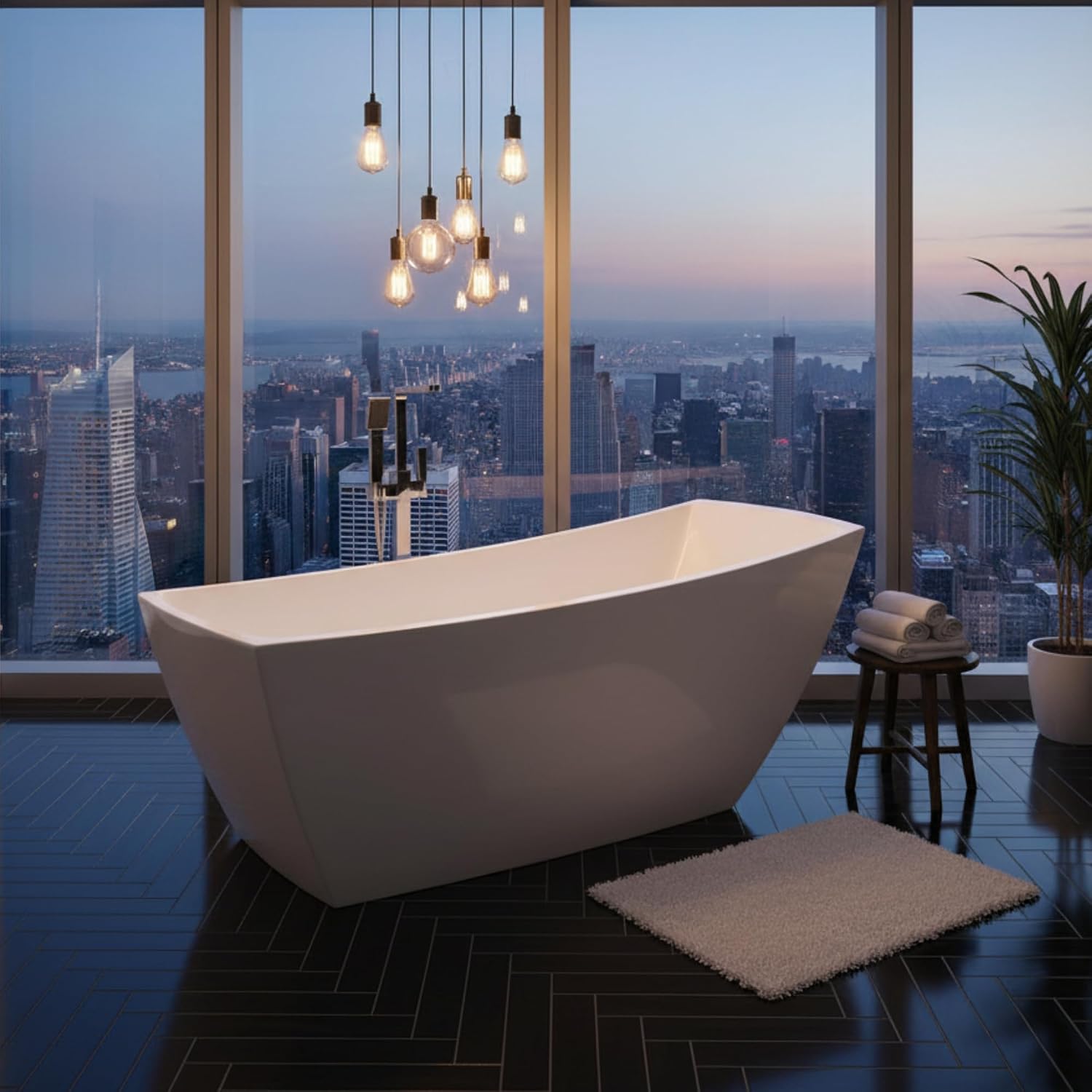 Albi 67' Freestanding Acrylic Bathtub with Chrome Drain, Glossy White Seamless Soaking Tub, Fiberglass Reinforced with Leveling Legs, 56 Gal Capacity