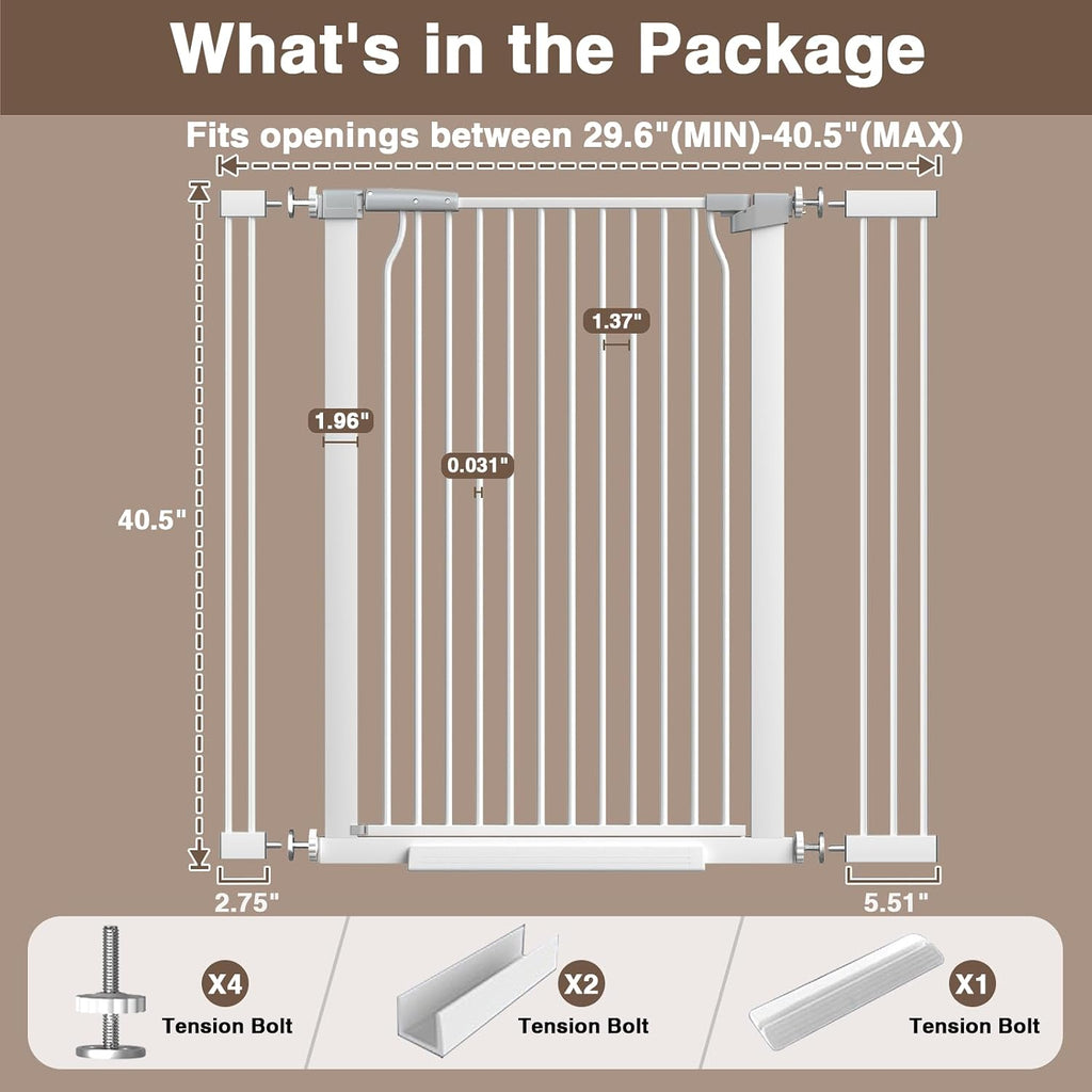41' Extra Tall Baby Gate for Doorways and Stairs No Drill, Adjustable 29.9-40.9'' Auto Close Dog Gate Indoor, Pressure Mounted Walk Through Swing Wide Pet Gate, Tall Cat Gate with Expansion Kit, White