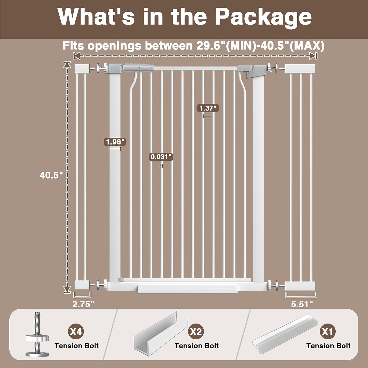 41' Extra Tall Baby Gate for Doorways and Stairs No Drill, Adjustable 29.9-40.9'' Auto Close Dog Gate Indoor, Pressure Mounted Walk Through Swing Wide Pet Gate, Tall Cat Gate with Expansion Kit, White