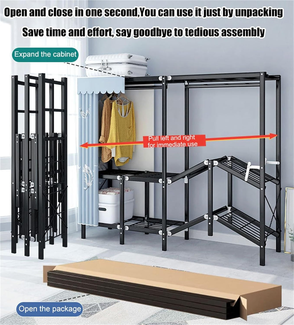 Folding Heavy Duty Clothes Rack With Cover,Large Portable Armoire Wardrobe Closet, Metal Frame Clothes Rack,One Piece Folding Design,for Bedroom Closet(110cm)