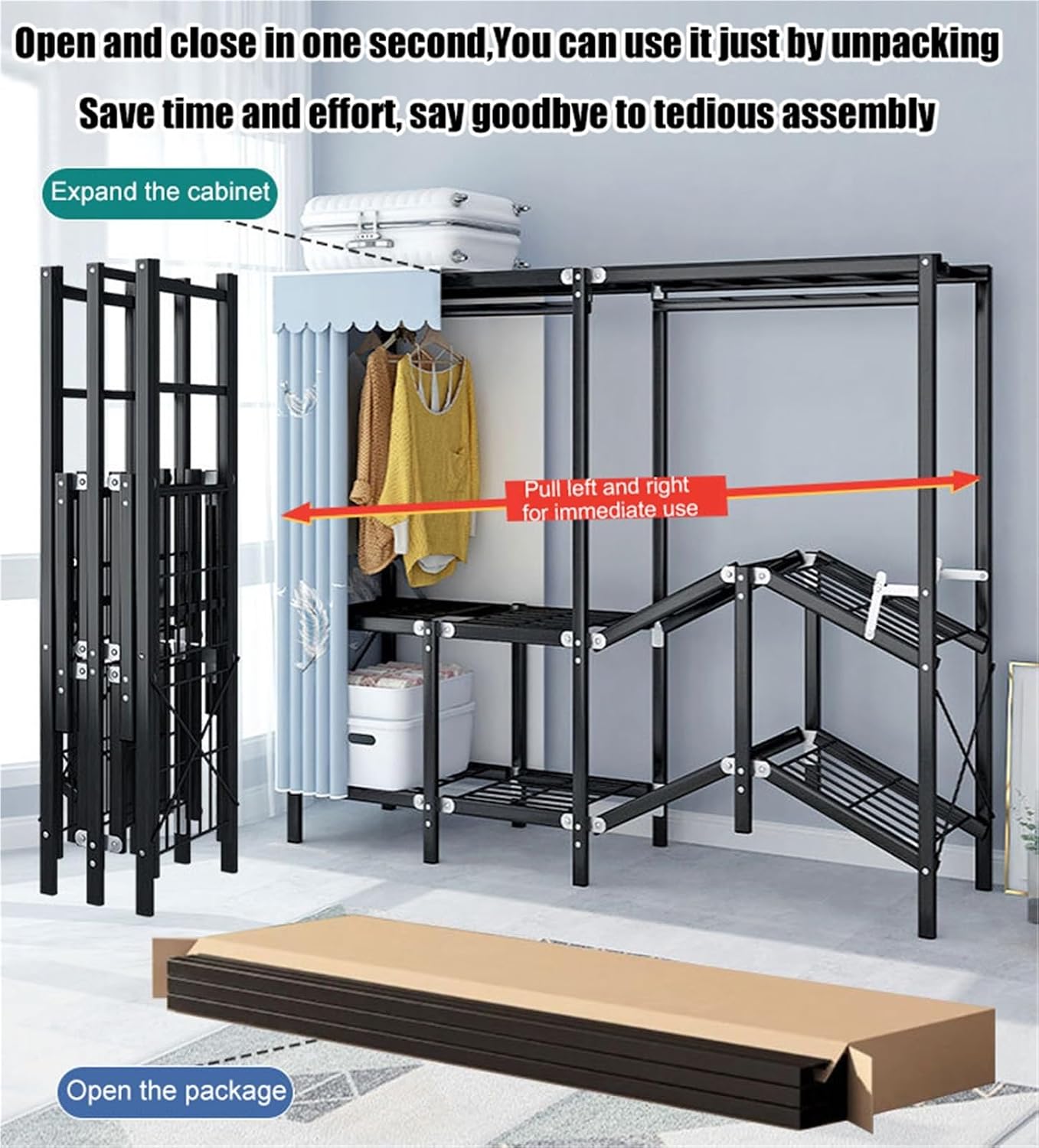 Folding Heavy Duty Clothes Rack With Cover,Large Portable Armoire Wardrobe Closet, Metal Frame Clothes Rack,One Piece Folding Design,for Bedroom Closet(110cm)