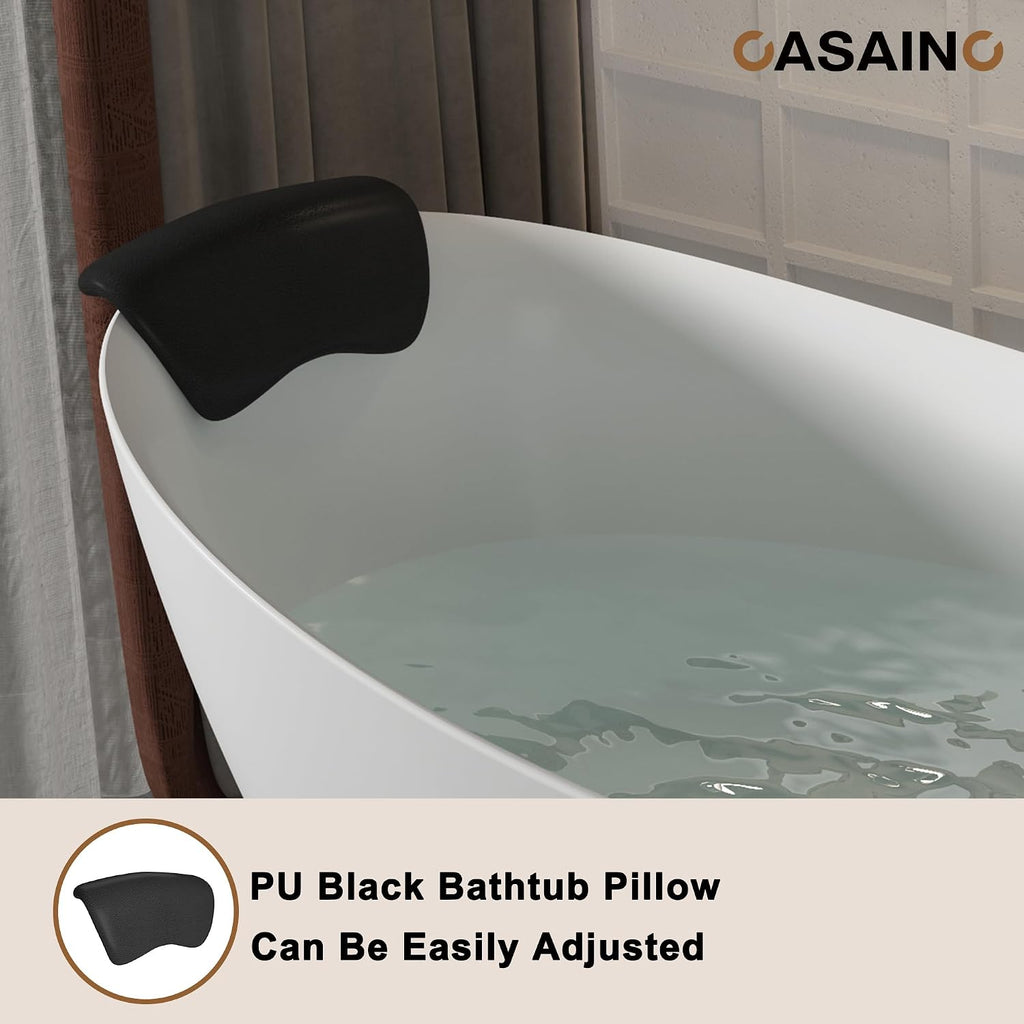 CASAINC 59'' Resin Stone Freestanding Bathtub with Pillow, Matte White Free Standing Bathtub Contemporary Soaking Stand Alone Tub, Overflow & Pop-up Drain, Drain Hose & Sanding Paper