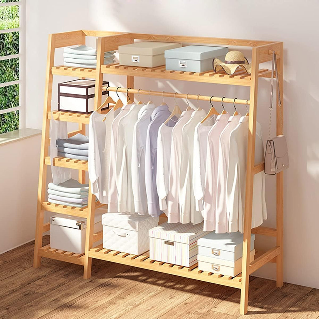 Garment Rack Wooden Clothing Garment Rack with Shelves Heavy Duty Clothes Hanging Rails Wood Clothes Hanger Rack Open Wardrobe Closet Coat Stands Multifunctional,80x42x140cm
