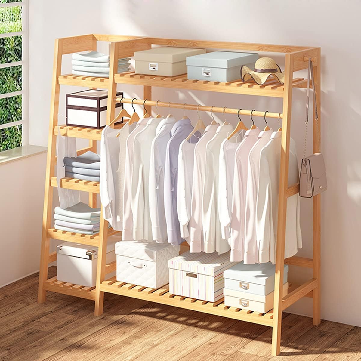 Garment Rack Wooden Clothing Garment Rack with Shelves Heavy Duty Clothes Hanging Rails Wood Clothes Hanger Rack Open Wardrobe Closet Coat Stands Multifunctional,80x42x140cm