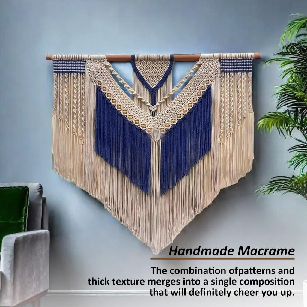 Macrame Wall Hanging Blue Tapestry Wall Hanging, Large Woven Wall Tapestry Macrame Wall Decor, for Dining Room Doorways Hallway