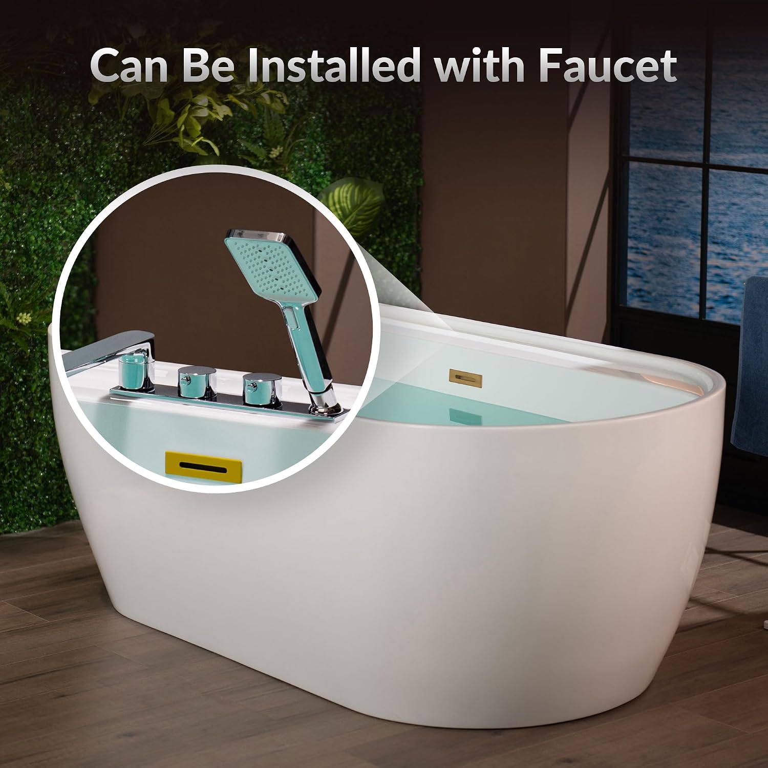 WOODBRIDGE 67' Acrylic Freestanding Bathtub Contemporary Soaking White Tub with Brushed Gold Overflow and Drain,B0063-BG