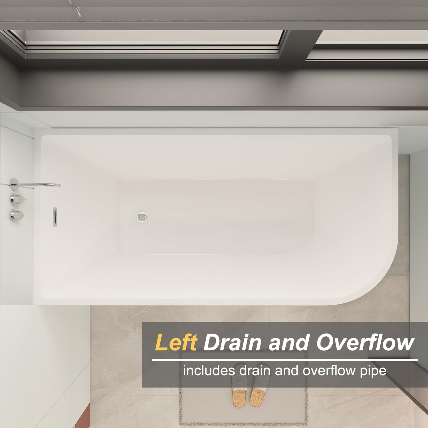 59 Inch Large Corner Bathtub with Pop-Up Left Hand Drain&Overflow