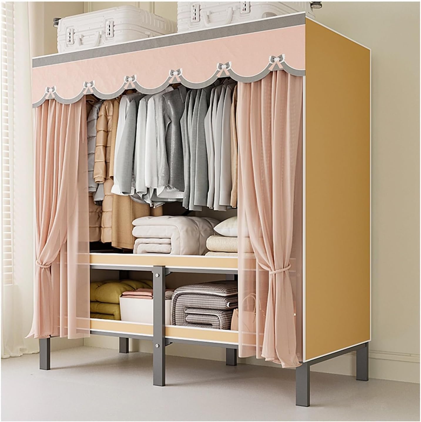 Clothing Storage Rack, Bedroom Wardrobe,Foldable Design Garment Rack,with Cotton Cover,Heavy-duty Portable Closet, Max Load 1100lbs,for Hanging Clothes (Color : Yellow, Size : 110cm)