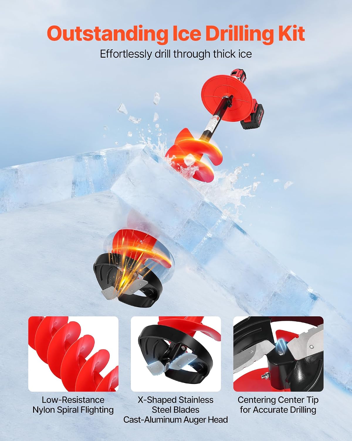 VEVOR Nylon Ice Auger Drill Bit, 8' Diameter 41' Length, Cordless Ice Augers for Ice Fishing with Extra 13.4in Extension Rod, Drill Adapter, Top Plate and Blade Guard