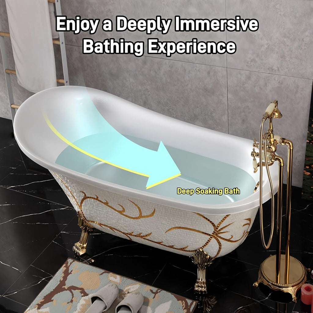 54' Edeyeu Freestanding Bathtub - Solid Surface Soaking Tub With Gold Clawfoot Elegance, Designer Free Standing Bathtub for Luxury Spa Bathroom, Extra Deep Soaker, A