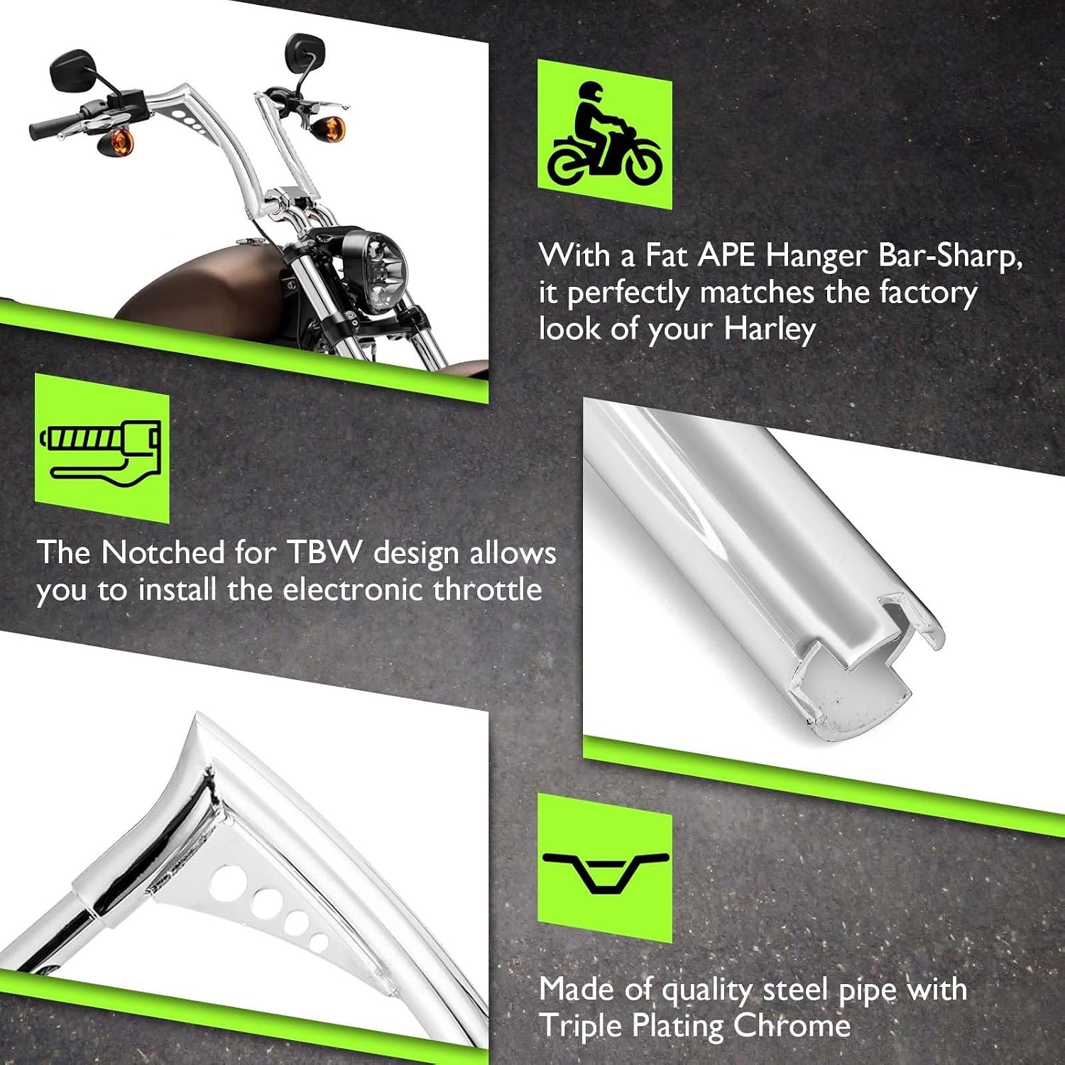 Mofun 12' Rise Pre-wire handlebar 1-1/4' Fat 1' Clamp Ape Sharp Bar Compatible with Harley Softail 2011-2024 Sportster XL883L 1200 2011-2022 Touring Road King 2015-Later Dyna 2012-2017, Chrome