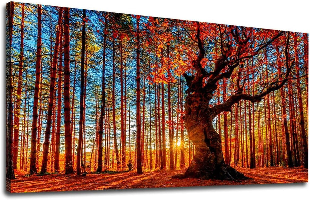 Forest Wall Art Sunset Canvas Pictures Red Leaf Trees Landscape Canvas Artwork Contemporary Nature Painting Print for Living Room Bedroom Home Office Wall Decor Framed Ready to Hang 29' x 58'