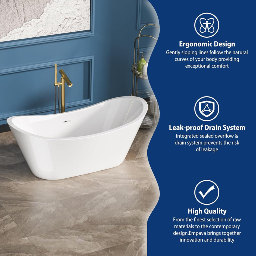 Sarlai 67 Inch Acrylic Freestanding Soaking Bathtub Contemporary Soaking White Tub Stand Alone Ergonomic Bathtub with Chrome Drain and Overflow