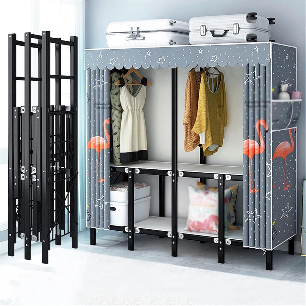 Portable Wardrobe Closet,Foldable Wardrobe with Cover Heavy Duty Portable Closets,Hanging Clothes,Large Folding Covered Clothing Racks Armoires Covered Metal Garment Rack(130cm)