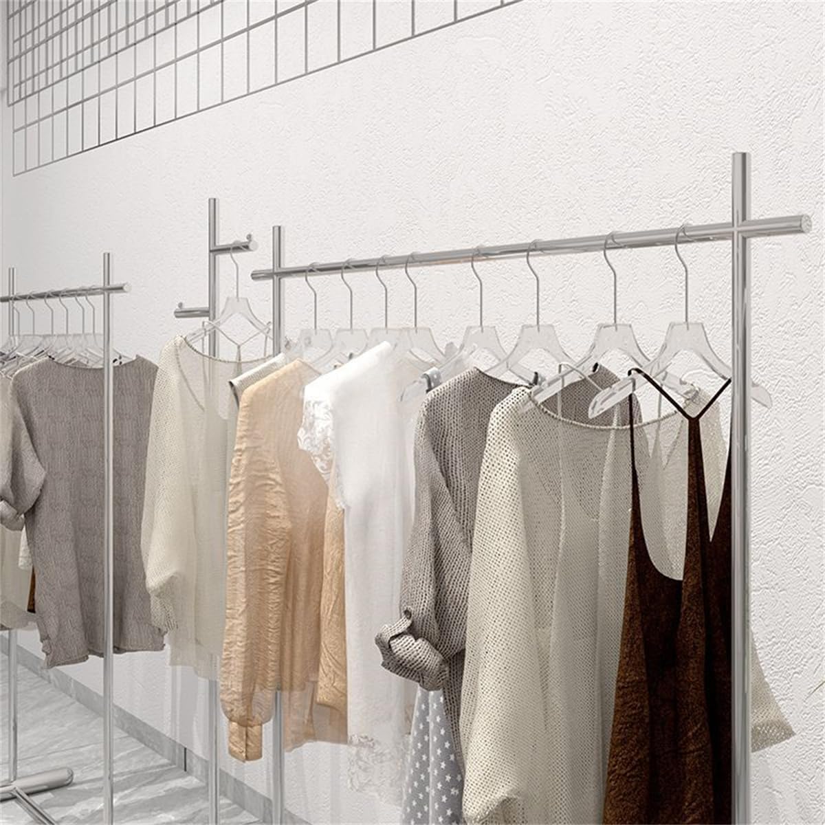 Freestanding Chrome Stainless Steel Coat Rack with Stand Clothing Store Display Rack Floor-standing Women Clothing Stainless Steel Horizontal Bar Shelf Island Hanger Silver 46'L x 16'W x 59'H