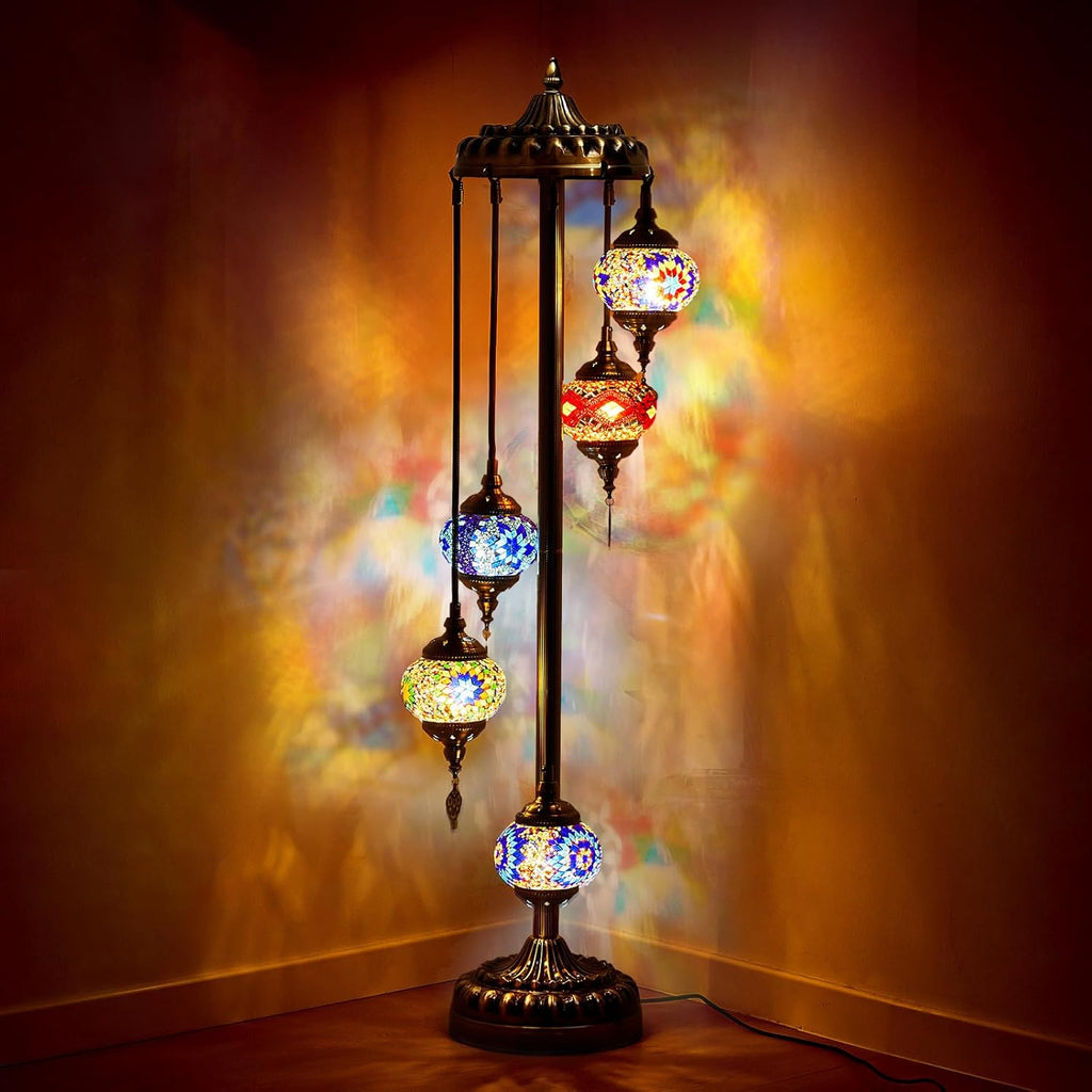 Hortsun Turkish Lamp Moroccan Floor Lamp Handmade Globe Living Floor Lighting Bohemia Standing Lighting for Decorative Home Designs(Floor,5 Globes Style)