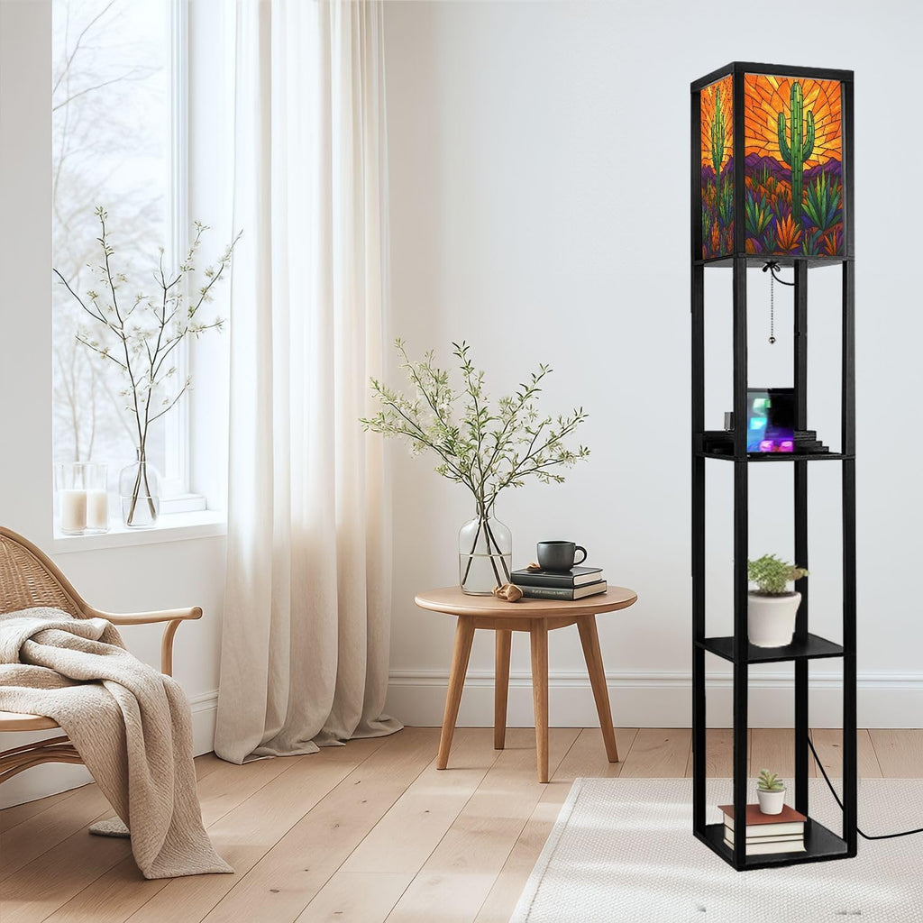 Floor Lamp with Shelves Geometric Western Cactus Stained Glass Design Standing Tall Lamp USB Ports & Power Outlet Modern Corner Lamp Nightstand Light for Living Room Bedroom