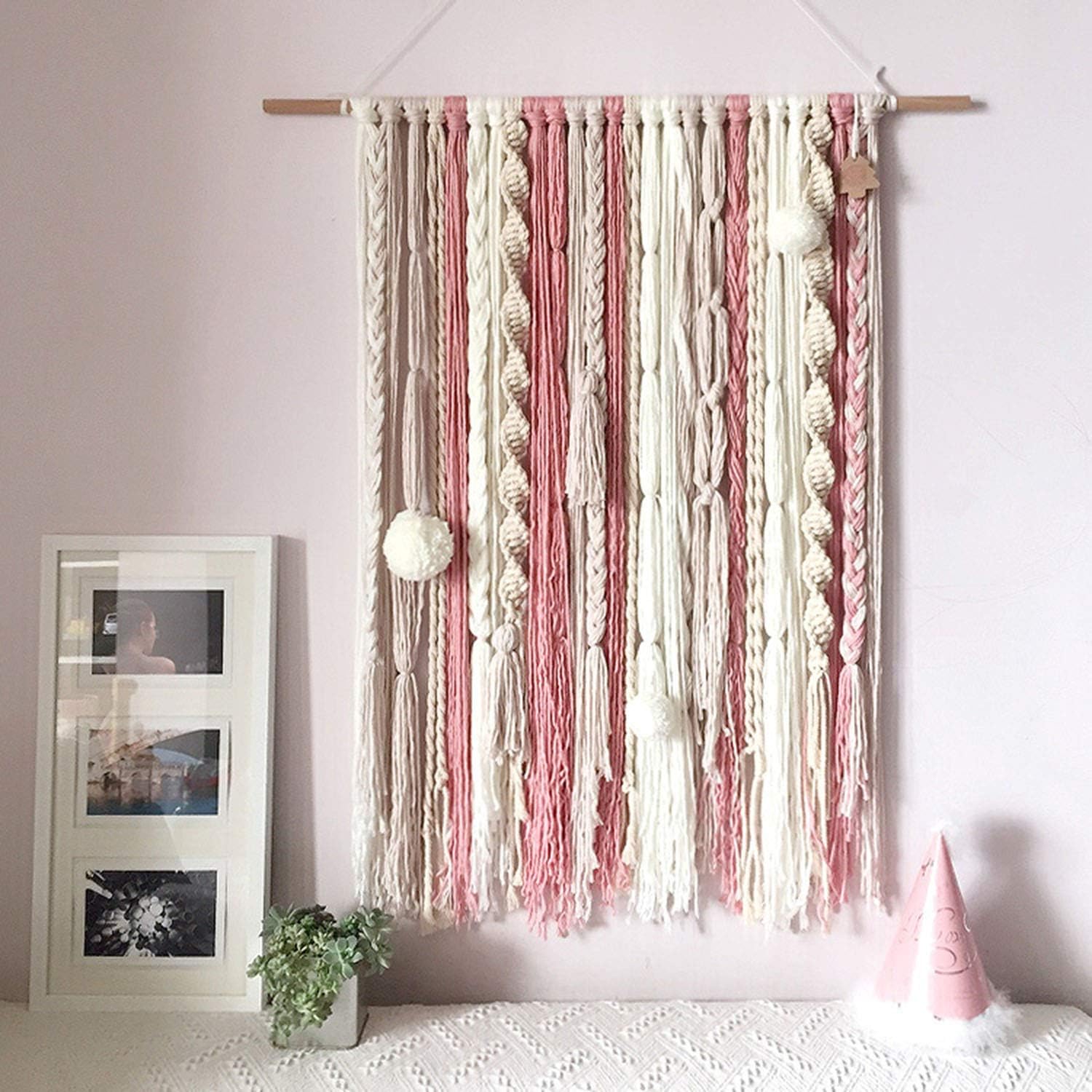 Macrame Wall Hanging Hand Woven Tapestry,Handmade Tassel Wall Tapestries Bohemian Style Home Art Decor for House Ceremony Living Room (Pink60 X 92 Cm)